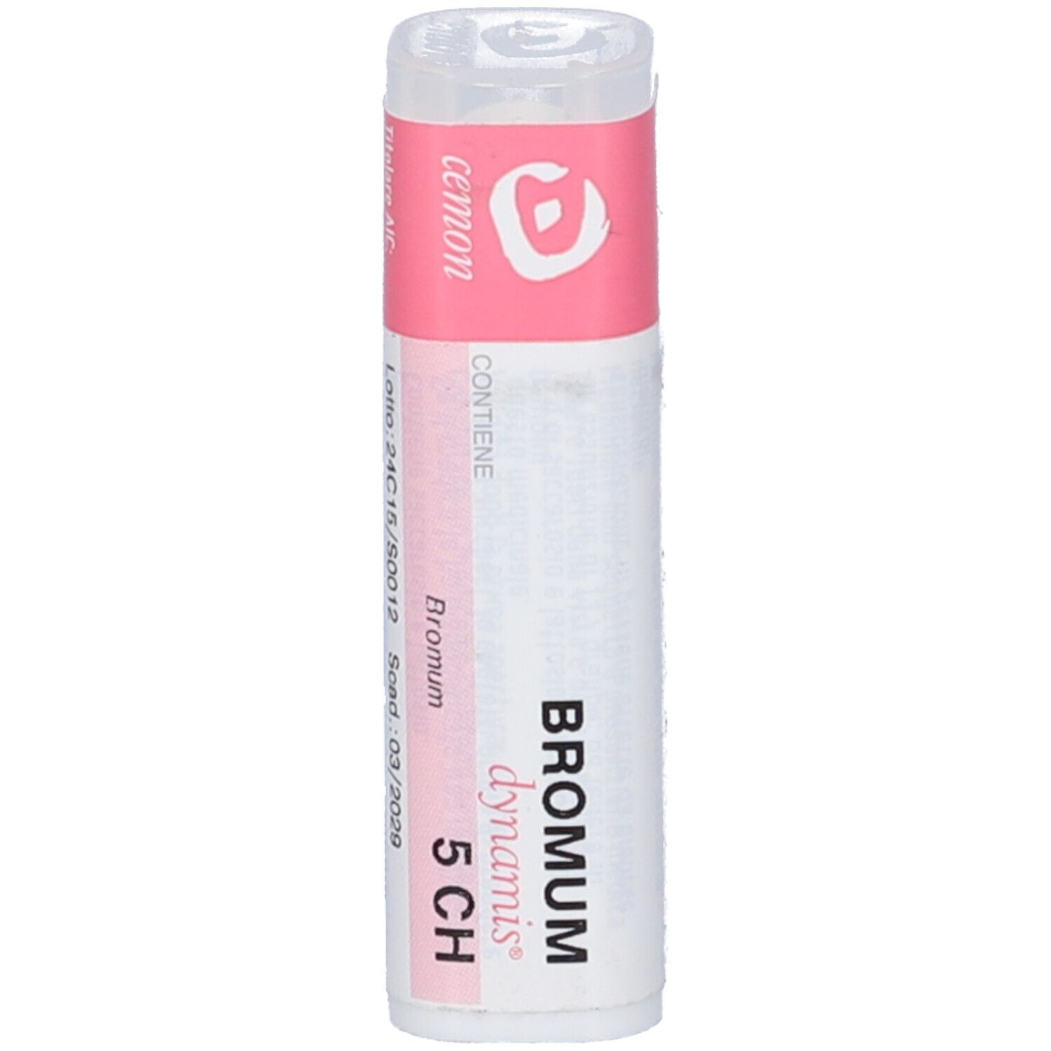 Confezione cilindrica con etichetta rosa. Scritta: Bromum 5 CH, cemon, dynamis. Contiene granuli. Scadenza 03/2029.