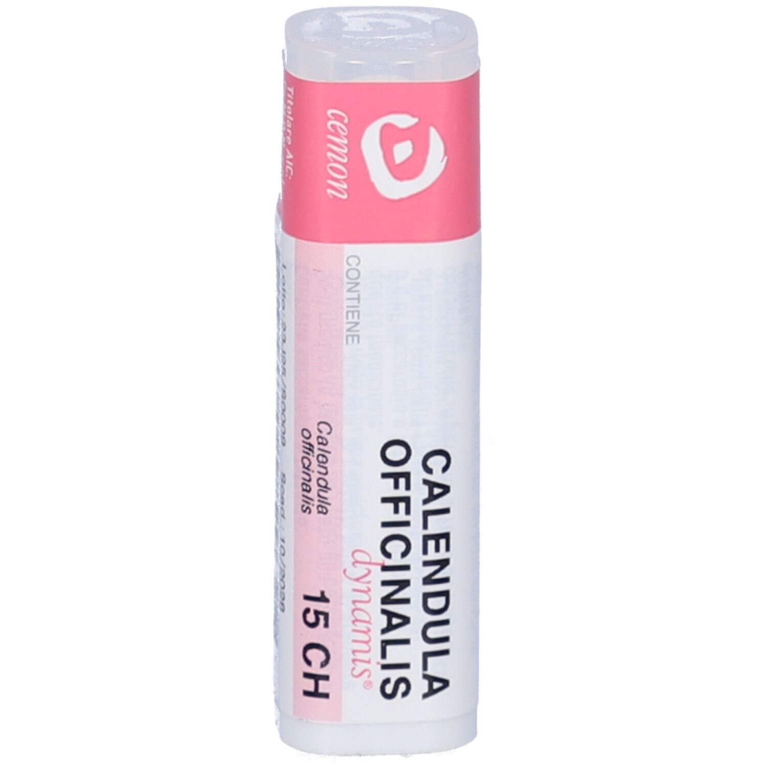 Flacone bianco con etichetta rosa. Scritta: Calendula Officinalis 15 CH, dynamis.