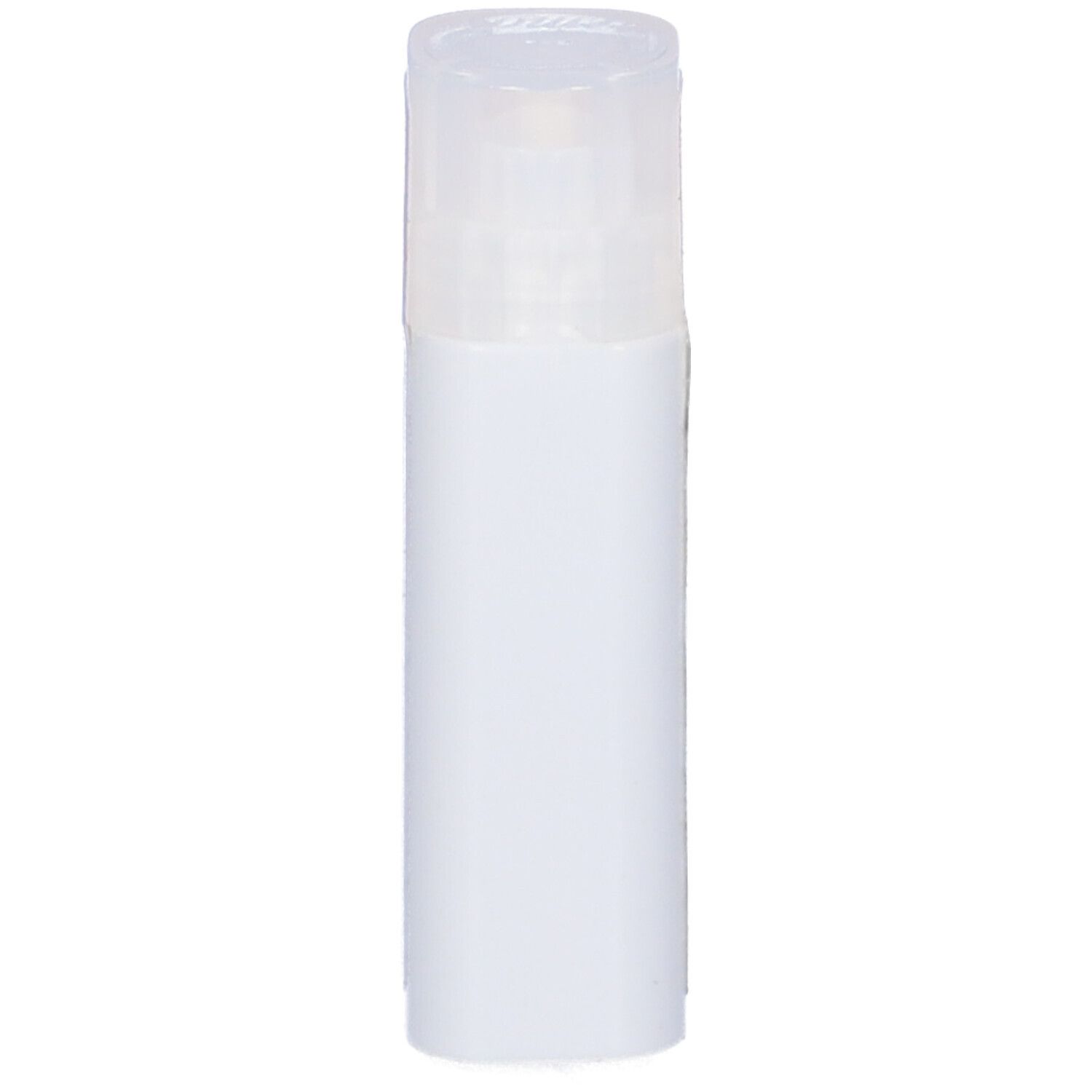 Flacone cilindrico bianco con coperchio trasparente.