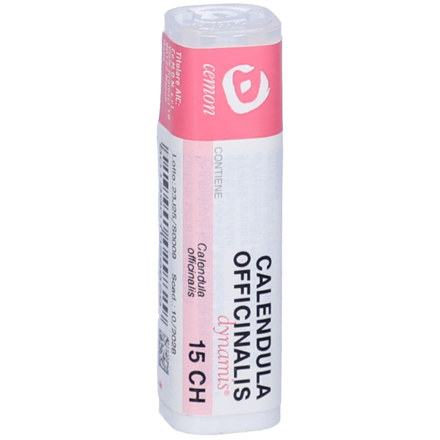 Flacone bianco con etichetta rosa. Scritta: Calendula Officinalis 15 CH, dynamis.