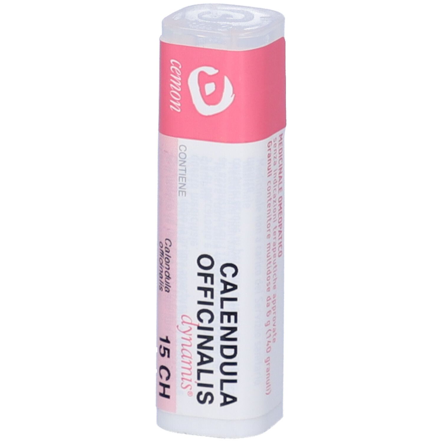 Flacone bianco con etichetta rosa. Scritta: Calendula Officinalis 15 CH, dynamis.