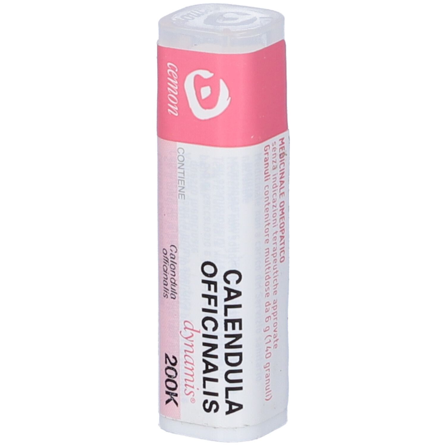 Confezione cilindrica con etichetta rosa e bianca. Scritta: Calendula officinalis dynamis 200K.