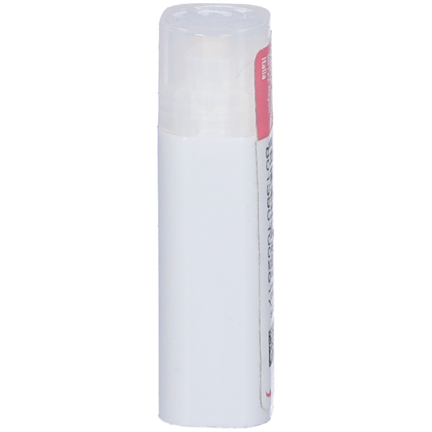 Flacone cilindrico bianco con etichetta rosa. Informazioni e codice a barre sull'etichetta.