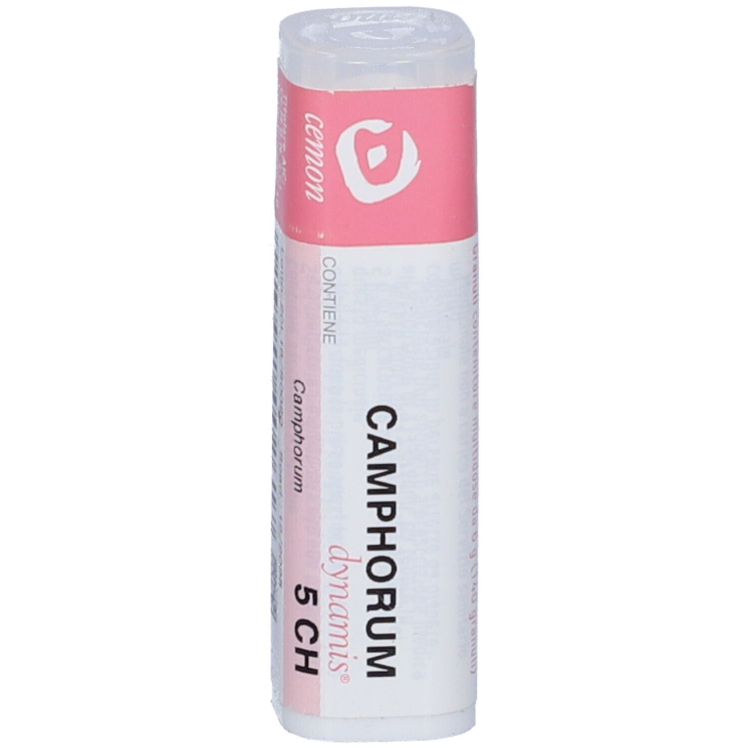 Flacone cilindrico con etichetta rosa. L'etichetta riporta "CAMPHORUM dynamis 5 CH".