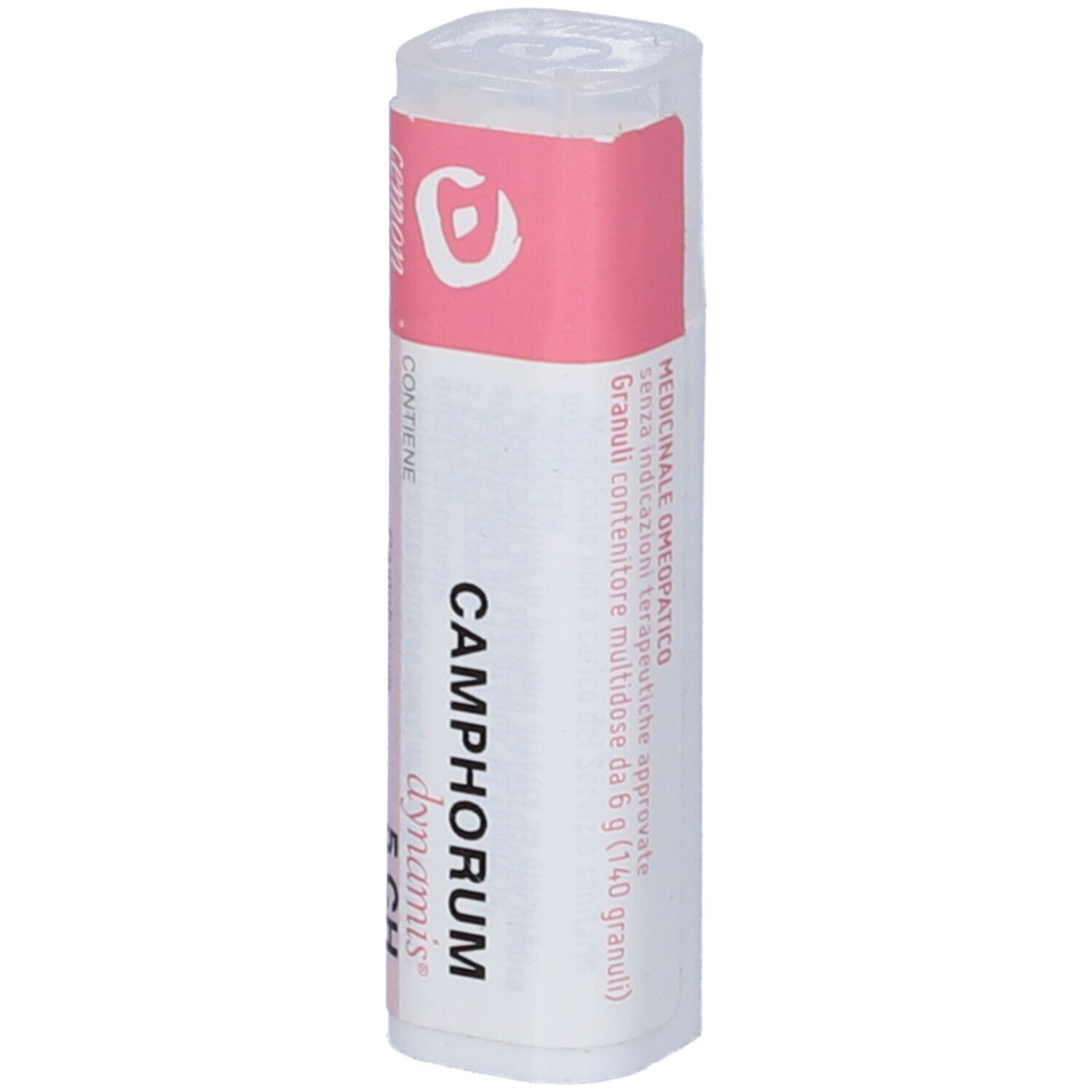 Flacone cilindrico con etichetta rosa. L'etichetta riporta "CAMPHORUM dynamis 5 CH".