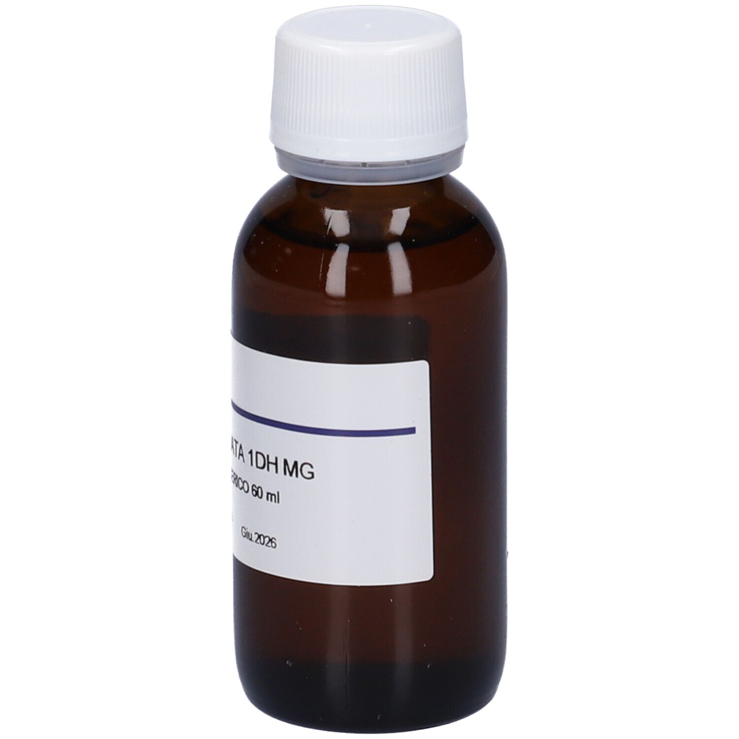 Flacone di vetro marrone con tappo bianco ed etichetta. L'etichetta riporta: ABIES PECTINATA 1DH MG, Macerato Glicerico.