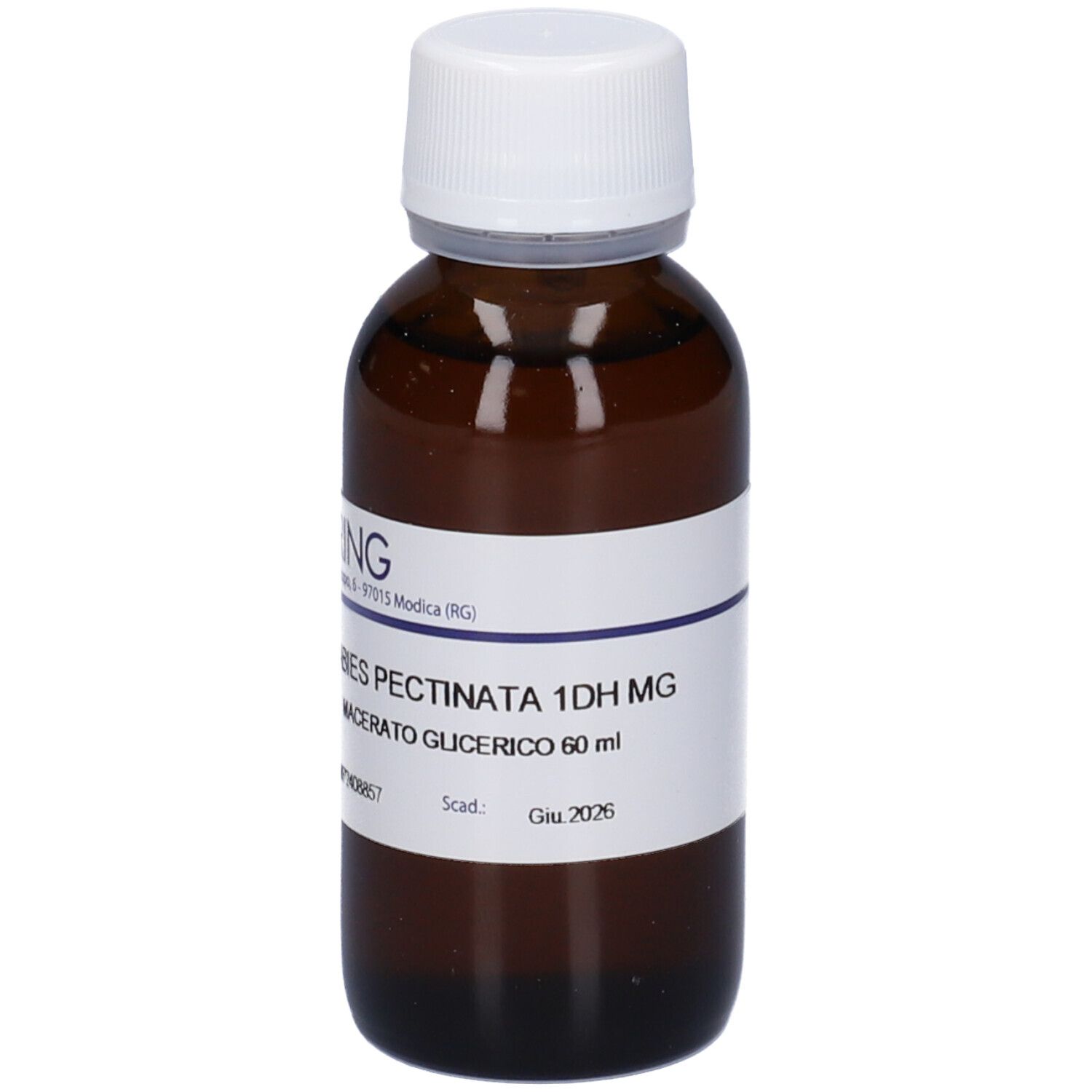 Flacone di vetro marrone con tappo bianco ed etichetta. L'etichetta riporta: ABIES PECTINATA 1DH MG, Macerato Glicerico.