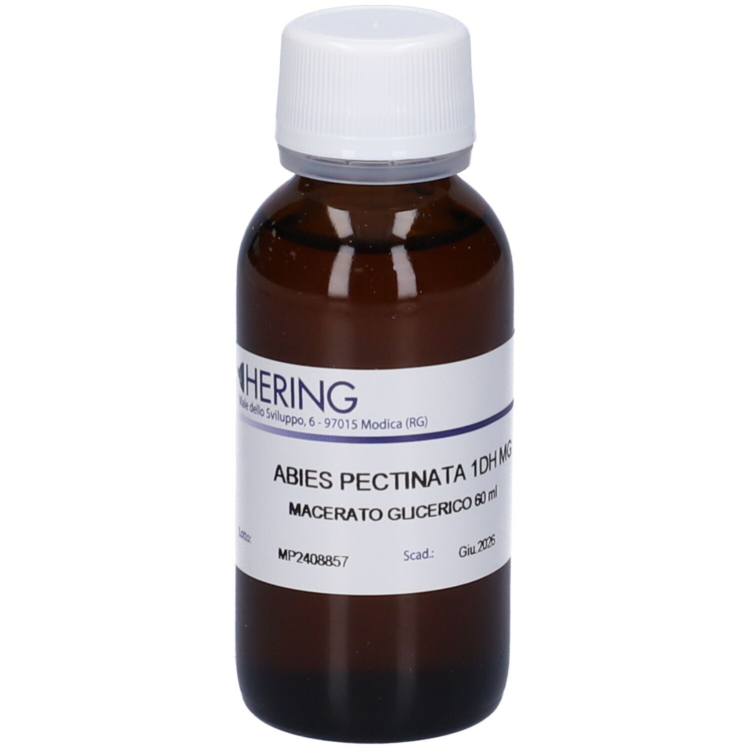 Flacone di vetro marrone con tappo bianco ed etichetta. L'etichetta riporta: ABIES PECTINATA 1DH MG, Macerato Glicerico.