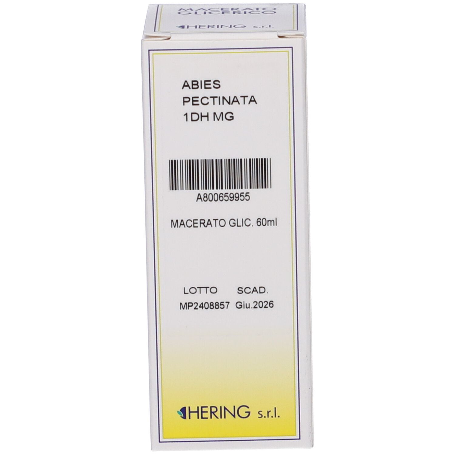 Scatola con informazioni sul prodotto. La scatola riporta: ABIES PECTINATA 1DH MG, Macerato Glic. 60ml.