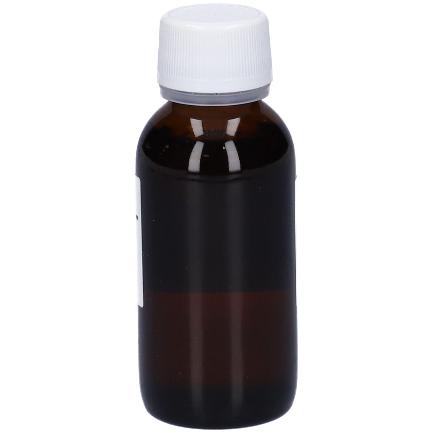 Flacone di vetro marrone con tappo bianco. Etichetta parzialmente visibile. Nome del prodotto e informazioni del produttore.