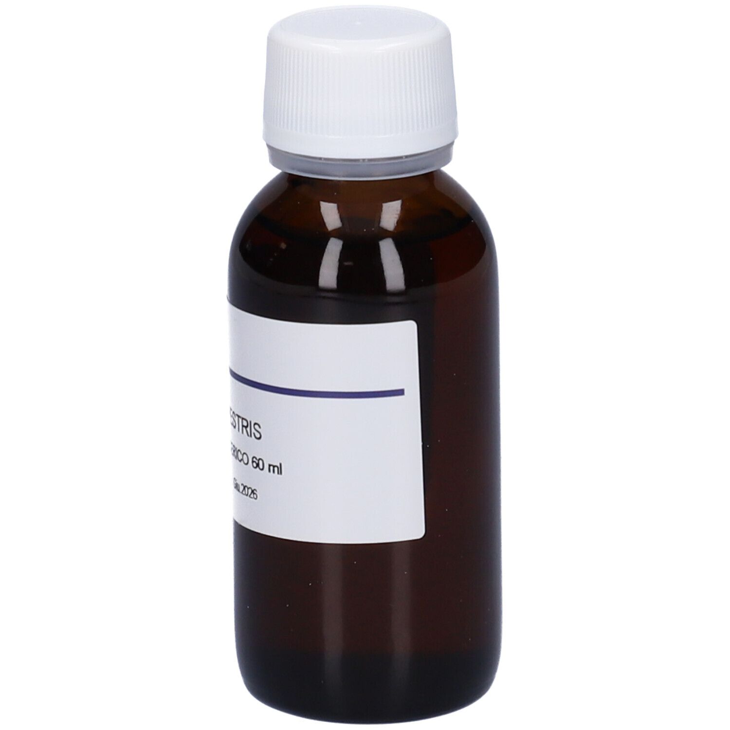 Flacone di vetro marrone con tappo bianco. Etichetta con nome del prodotto e produttore. Testo: Acer Campestre Macerato Glicerico.