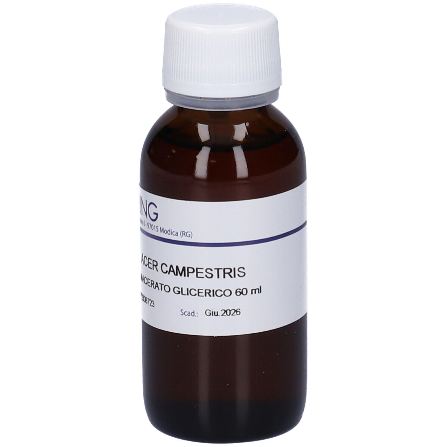 Flacone di vetro marrone con tappo bianco. Etichetta con nome del prodotto e produttore. Testo: Acer Campestre Macerato Glicerico.