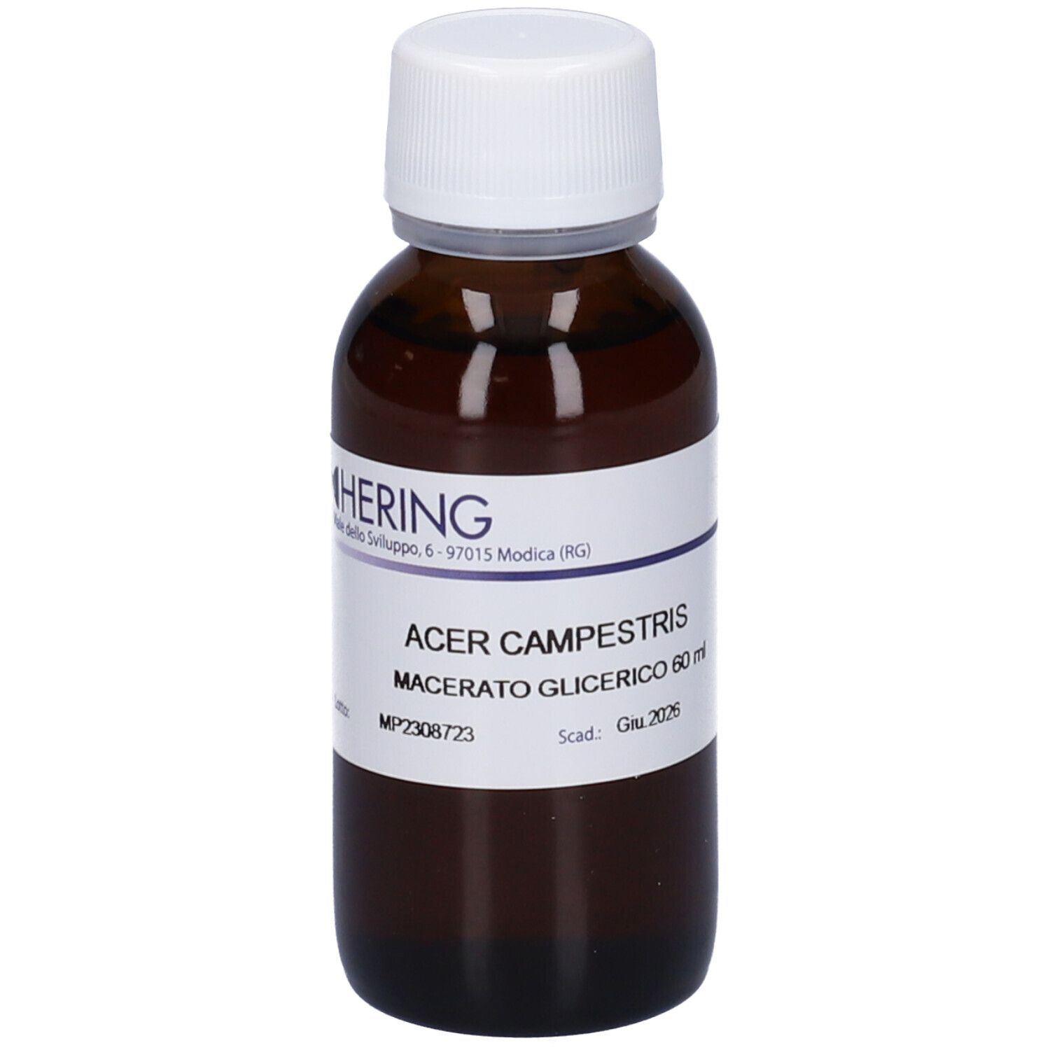 Flacone di vetro marrone con tappo bianco. Etichetta con nome del prodotto e produttore. Testo: Acer Campestre Macerato Glicerico.