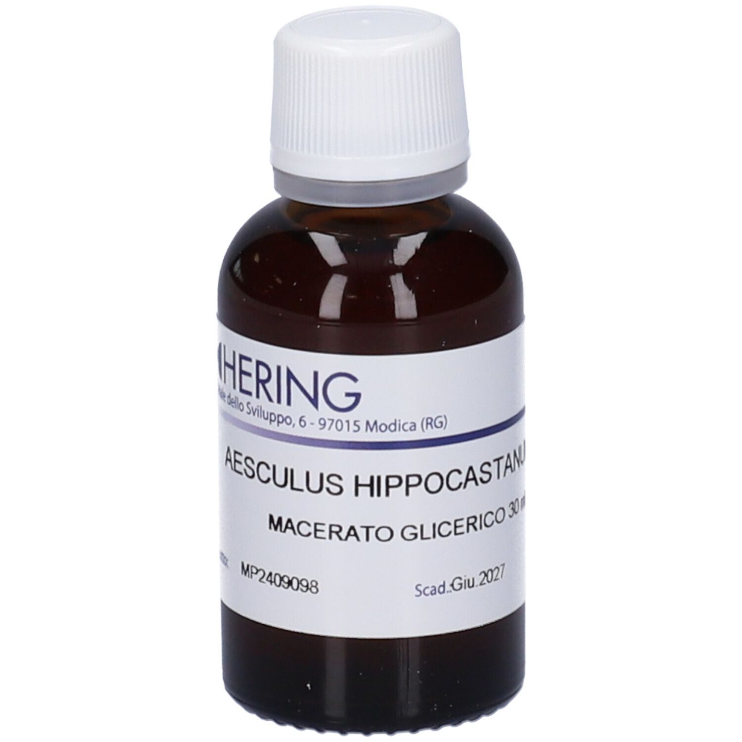 Flacone di vetro marrone con tappo bianco ed etichetta. Scritta: Aesculus Hippocastanum Macerato Glicerico. Marchio HERING.