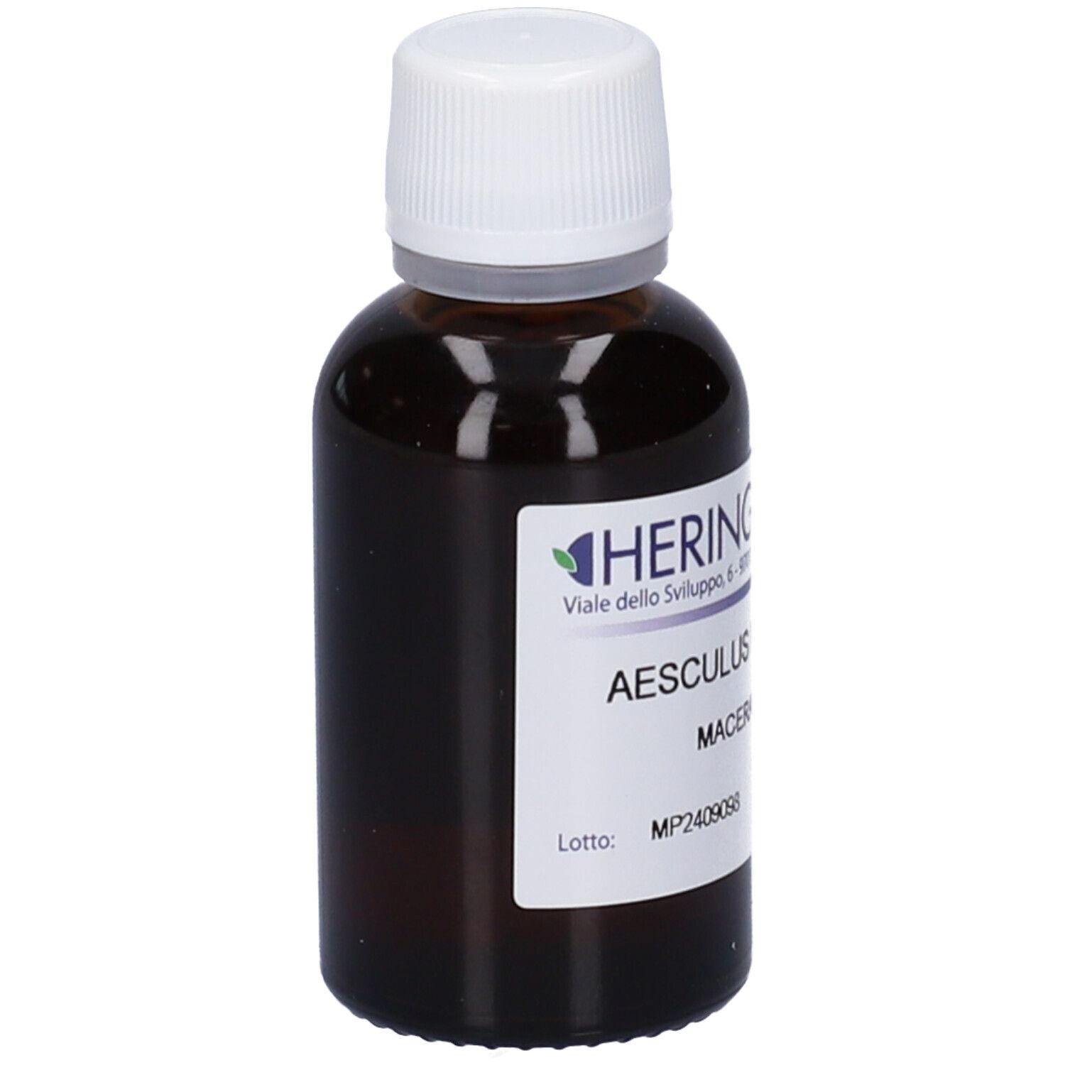 Flacone di vetro marrone con tappo bianco ed etichetta. Scritta: Aesculus. Marchio HERING.