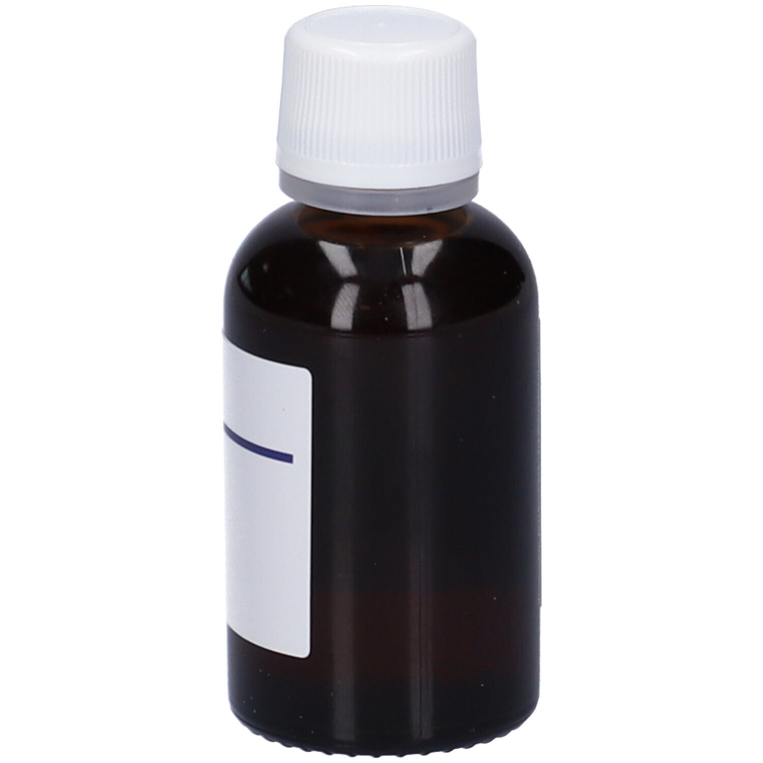 Flacone di vetro marrone con tappo bianco ed etichetta. Etichetta con linea blu e campo vuoto.