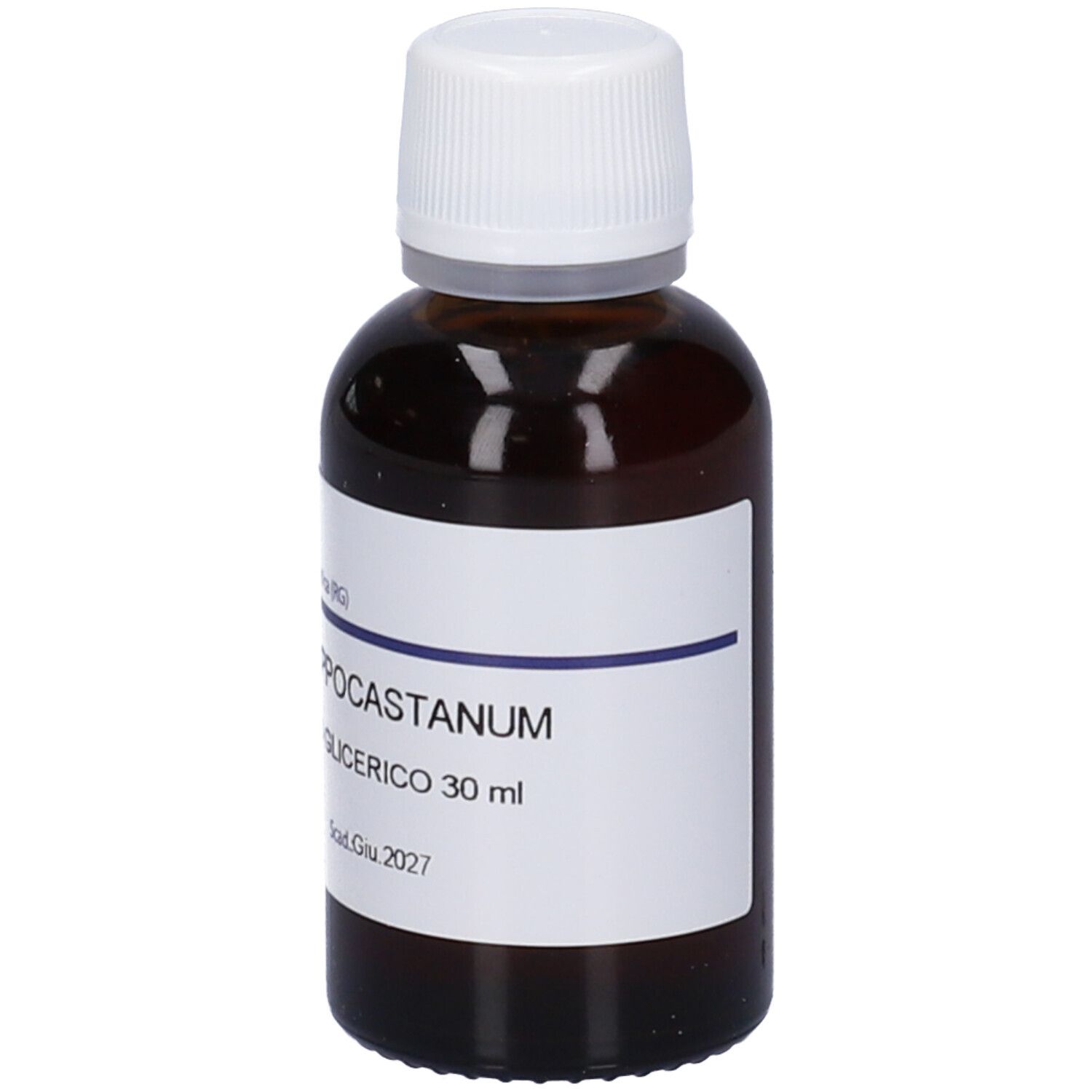 Flacone di vetro marrone con tappo bianco ed etichetta. Scritta: Hippocastanum Glicerico 30 ml.
