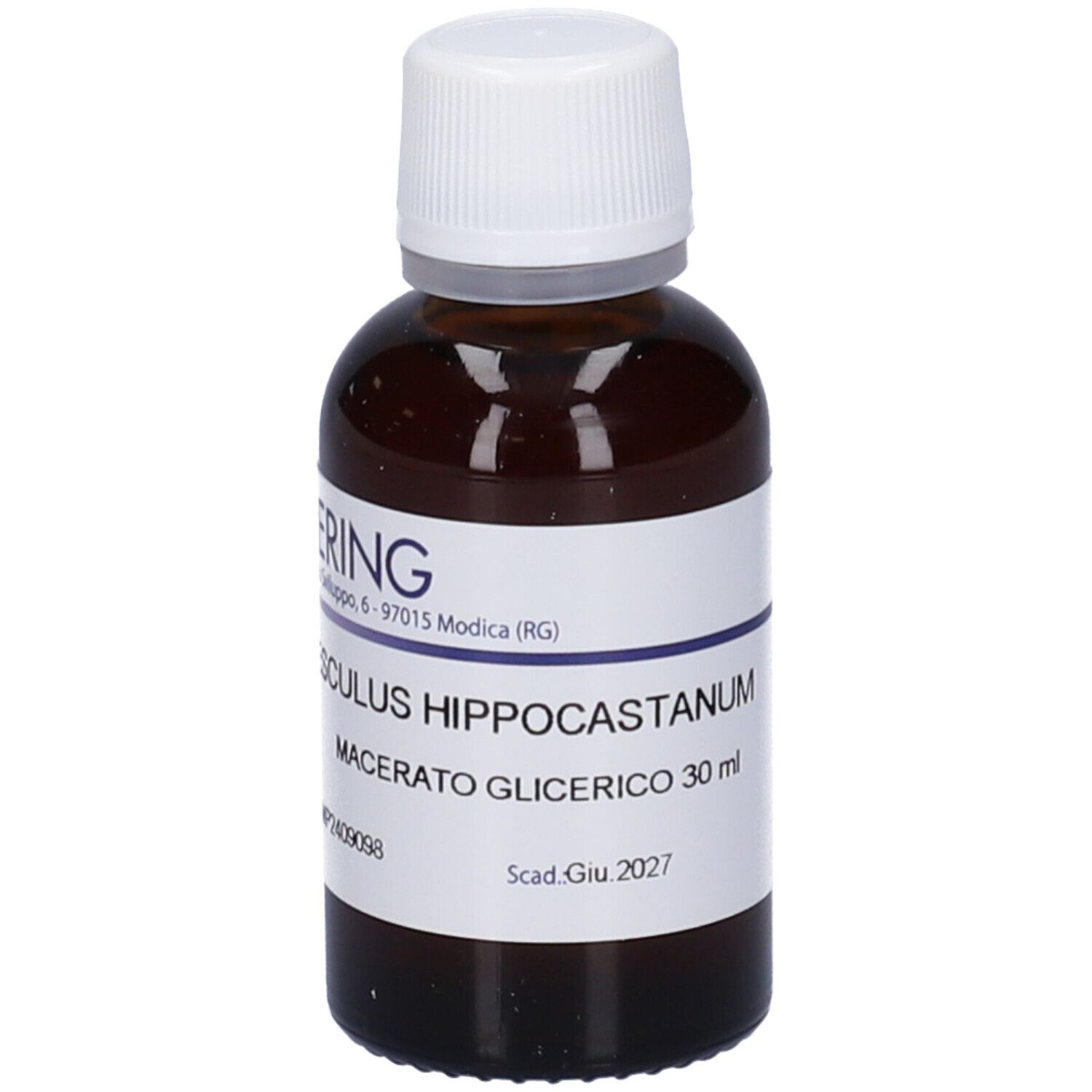 Flacone di vetro marrone con tappo bianco ed etichetta. Scritta: Aesculus Hippocastanum Macerato Glicerico 30 ml.
