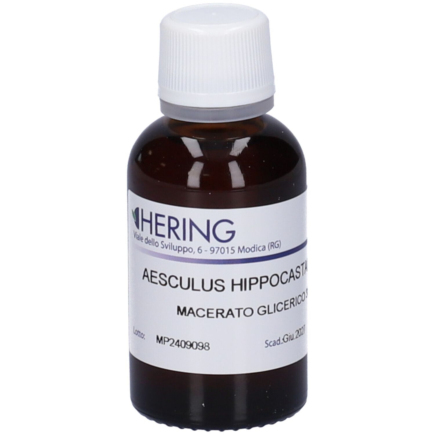 Flacone di vetro marrone con tappo bianco ed etichetta. Scritta: Aesculus Hippocastanum Macerato Glicerico. Marchio HERING.