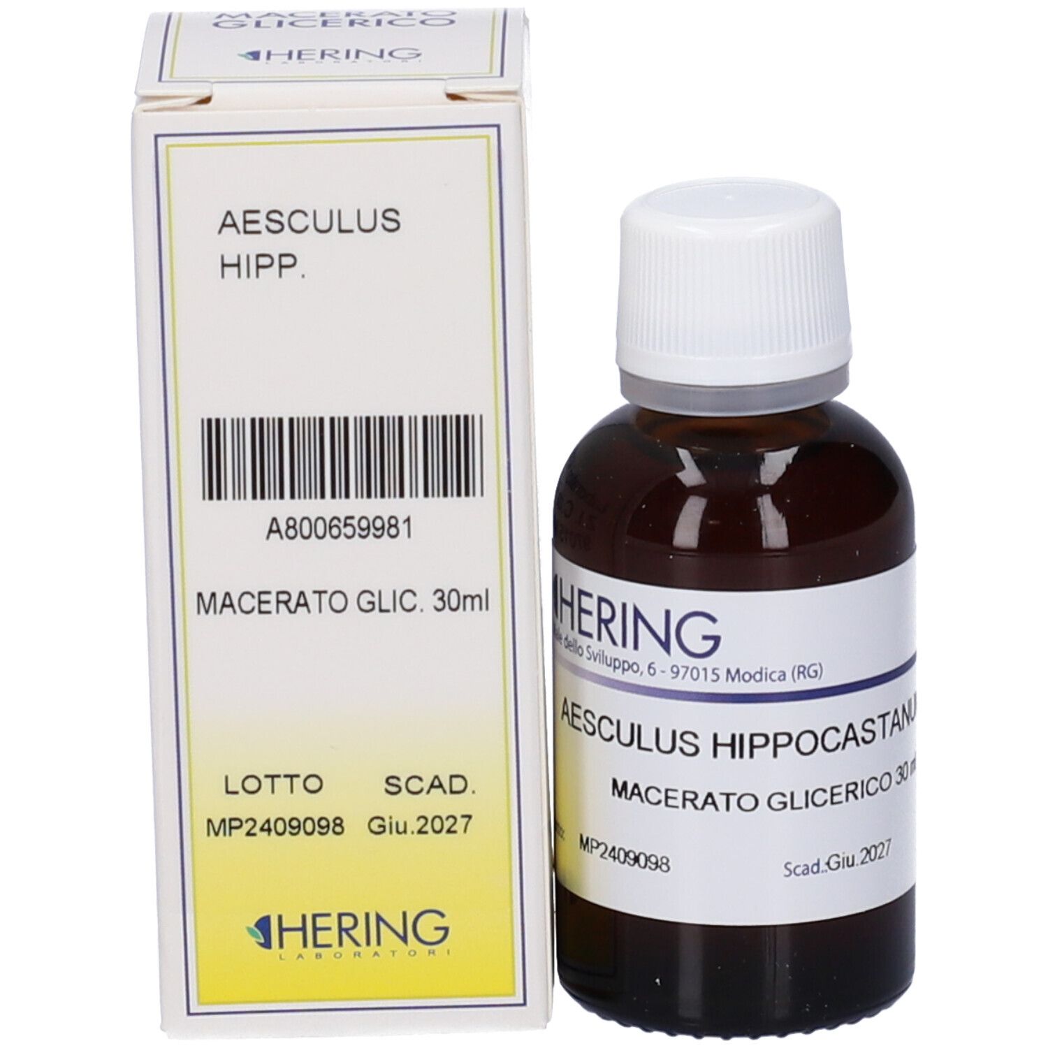 Flacone di vetro marrone e scatola. Scatola con scritta: Aesculus Hipp. Macerato Glic. 30ml. Marchio HERING.