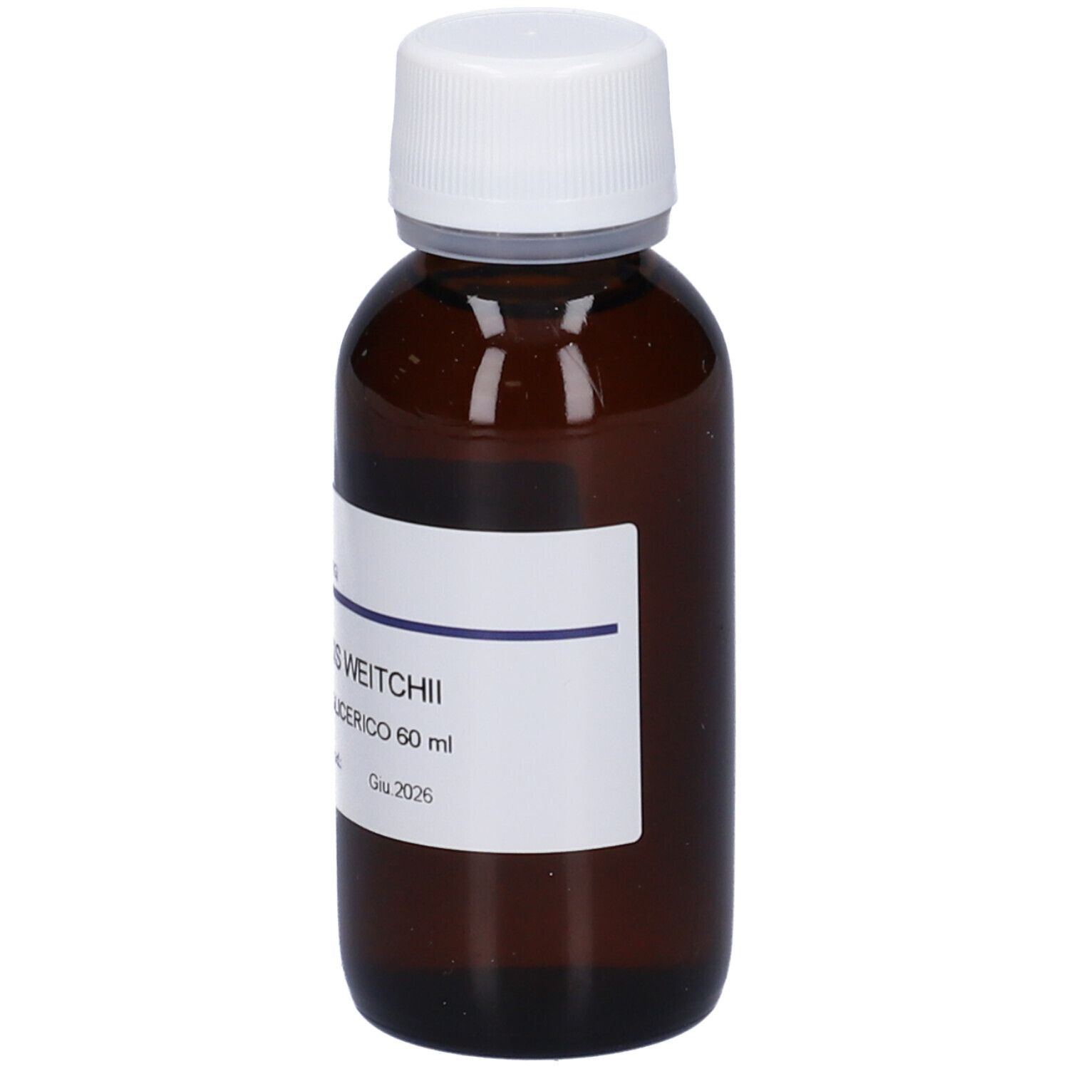 Flacone di vetro marrone con tappo bianco ed etichetta. Scritta: HERING, Ampelopsis Weitchii, Macerato Glicerico.