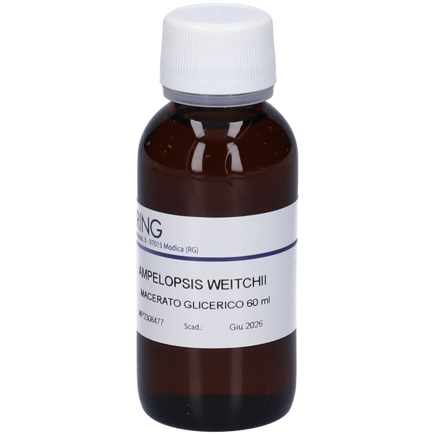 Flacone di vetro marrone con tappo bianco ed etichetta. Scritta: HERING, Ampelopsis Weitchii, Macerato Glicerico.