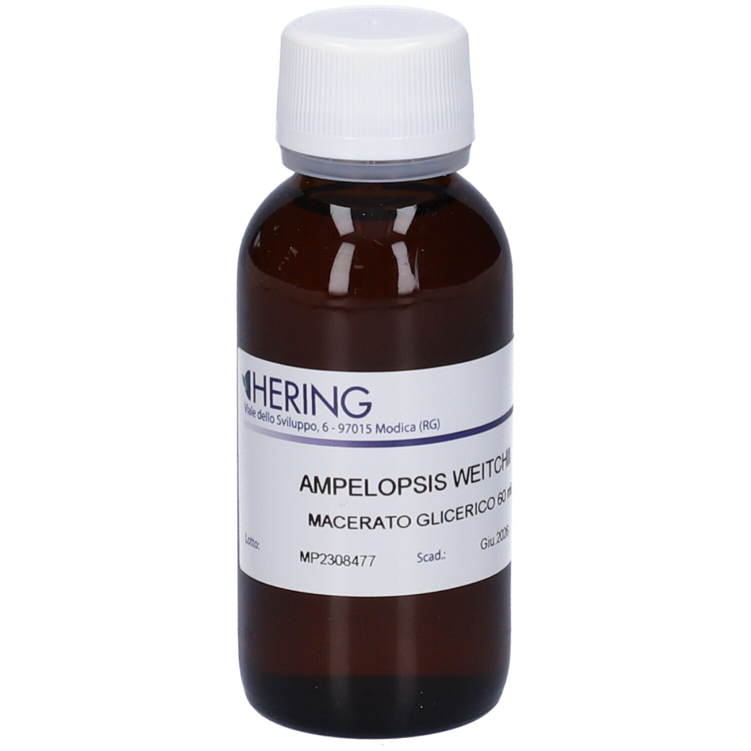 Flacone di vetro marrone con tappo bianco ed etichetta. Scritta: HERING, Ampelopsis Weitchii, Macerato Glicerico.