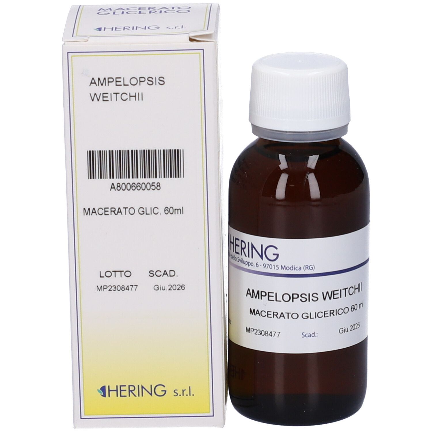 Flacone di vetro marrone con tappo bianco ed etichetta, accanto a scatola bianca. Scritta: HERING, Ampelopsis Weitchii.