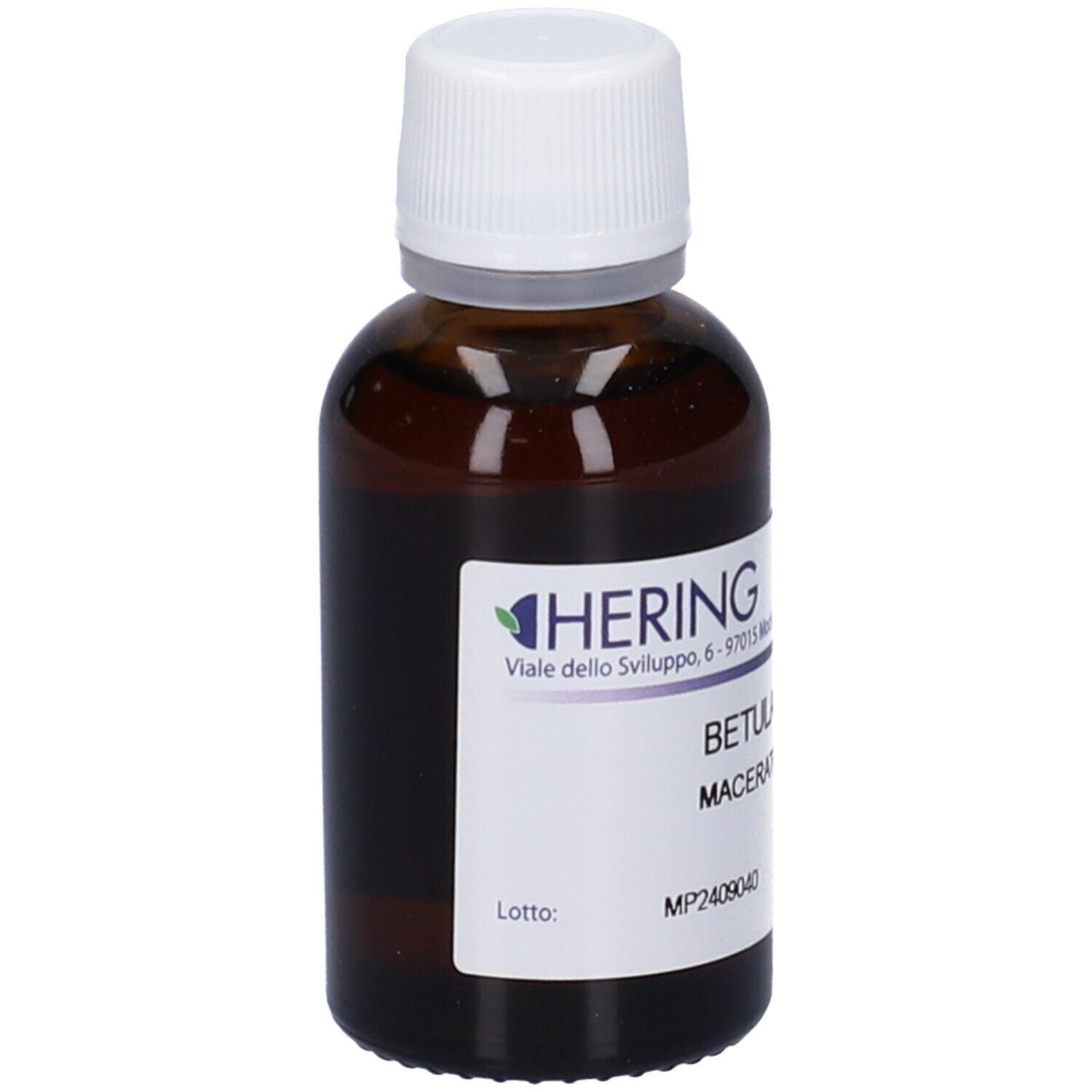 Flacone in vetro ambrato con tappo a vite bianco. Etichetta con 'Betula Pubescens Macerato Glicerico'.