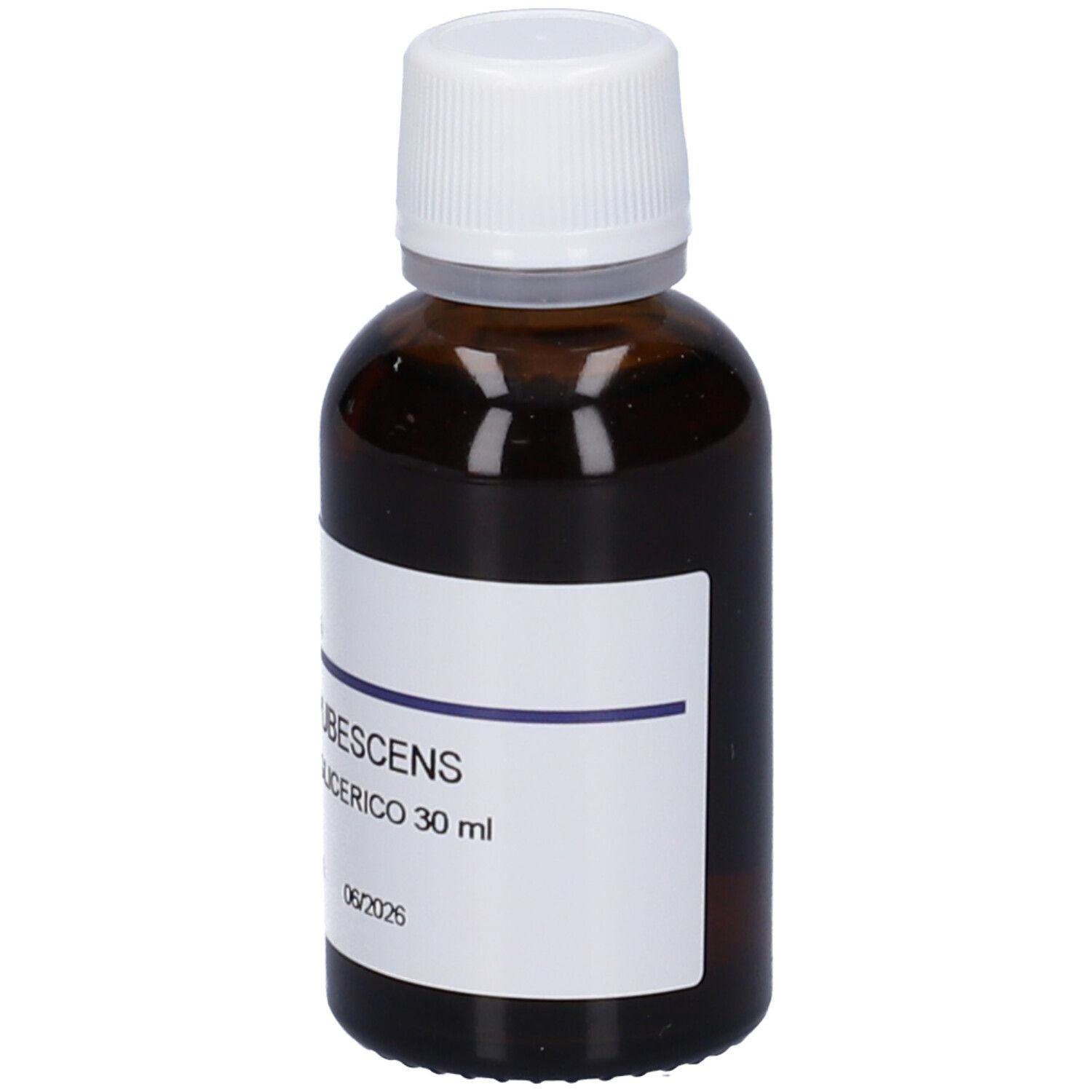 Flacone in vetro ambrato con tappo a vite bianco. Etichetta con 'Betula Pubescens' e 'Macerato Glicerico 30ml'.