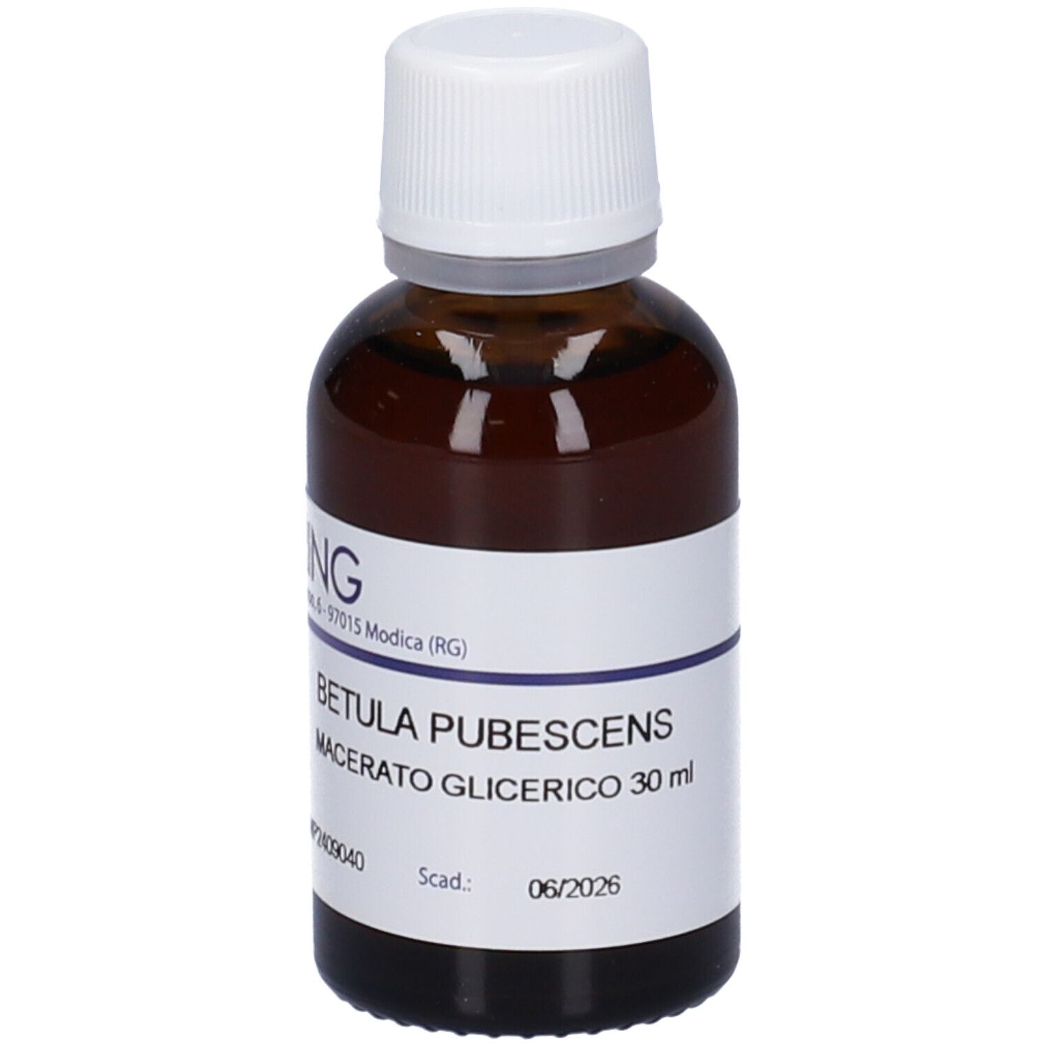 Flacone in vetro ambrato con tappo a vite bianco. Etichetta con 'Betula Pubescens Macerato Glicerico 30ml'.