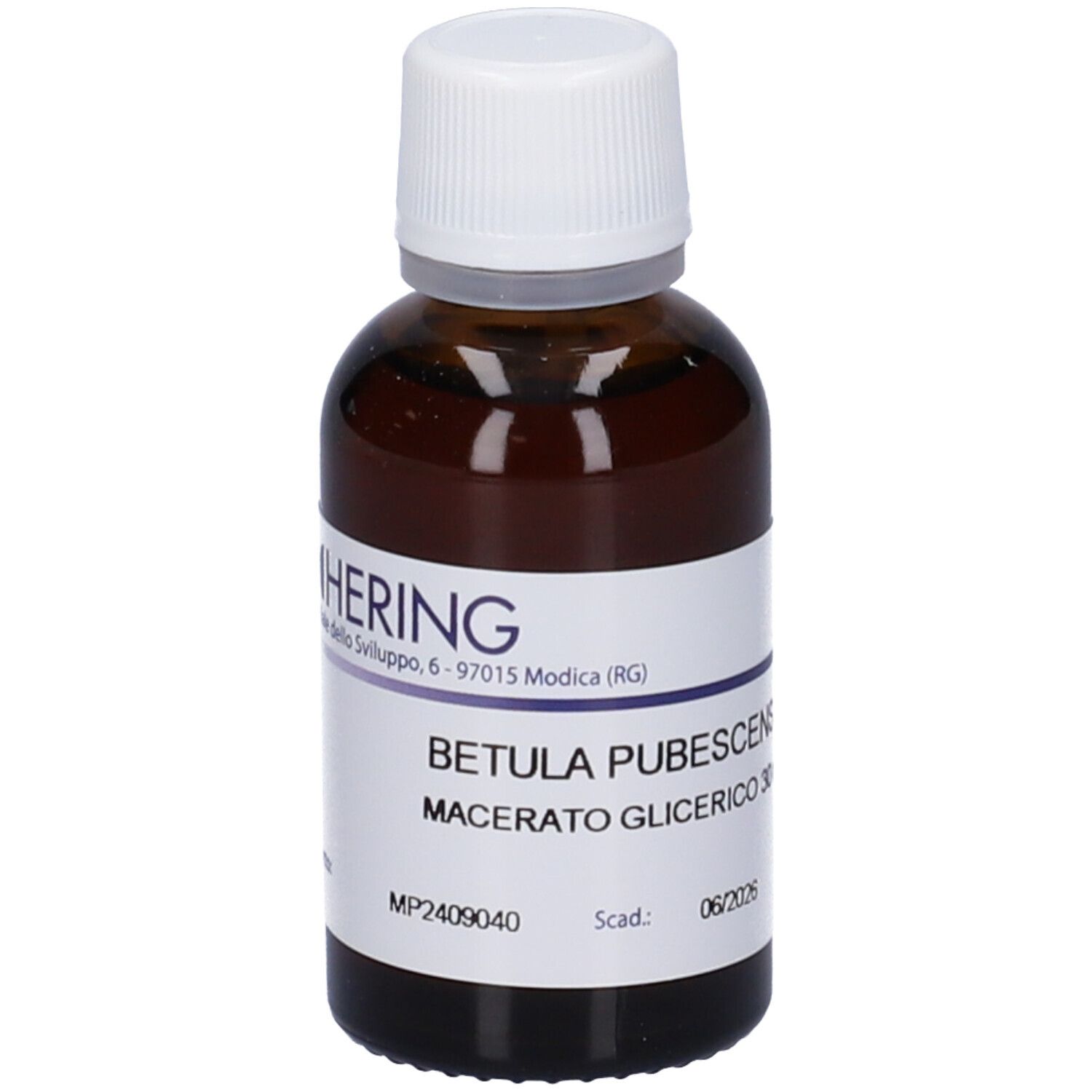 Flacone in vetro ambrato con tappo a vite bianco. Etichetta con 'Betula Pubescens Macerato Glicerico 30ml'.