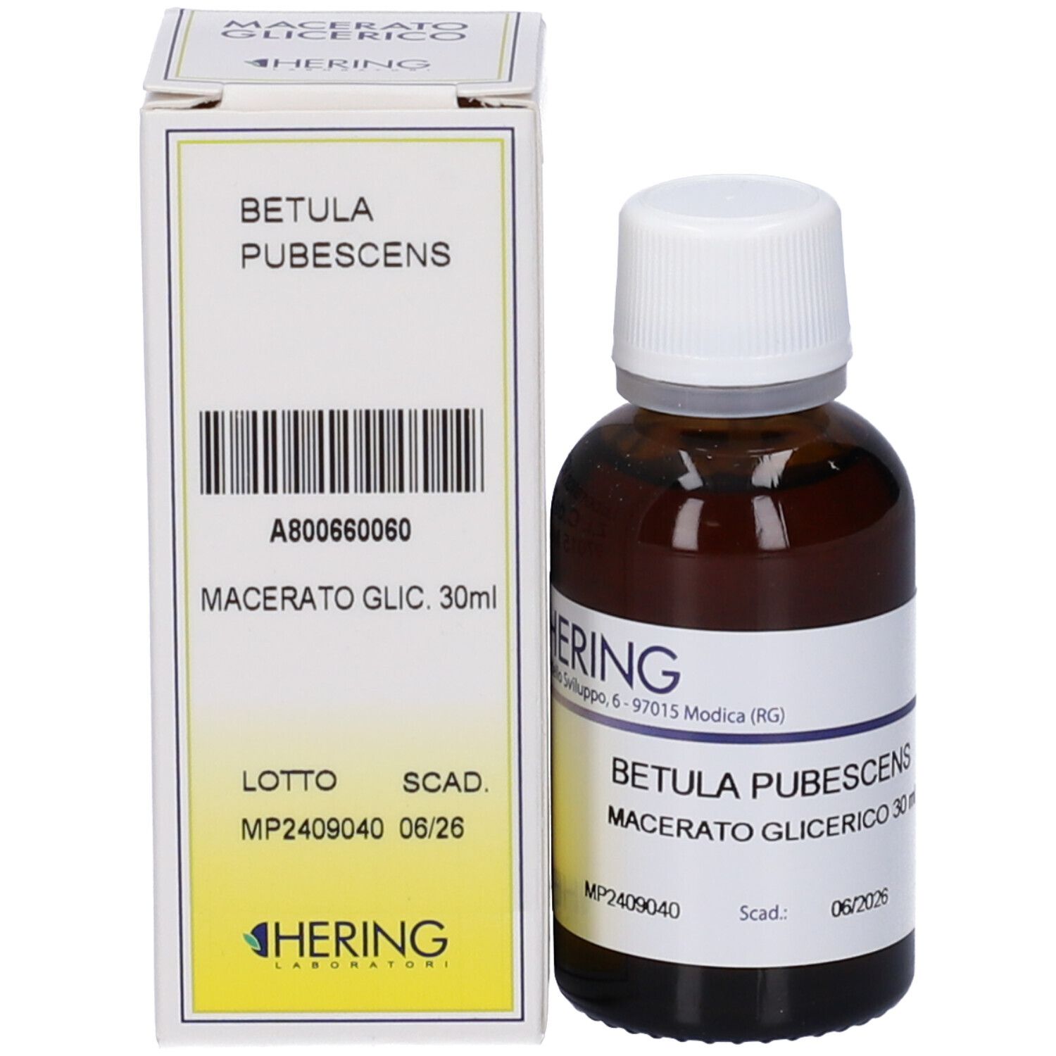 Confezione e flacone in vetro ambrato. Scatola con 'Betula Pubescens Macerato Glic. 30ml'.