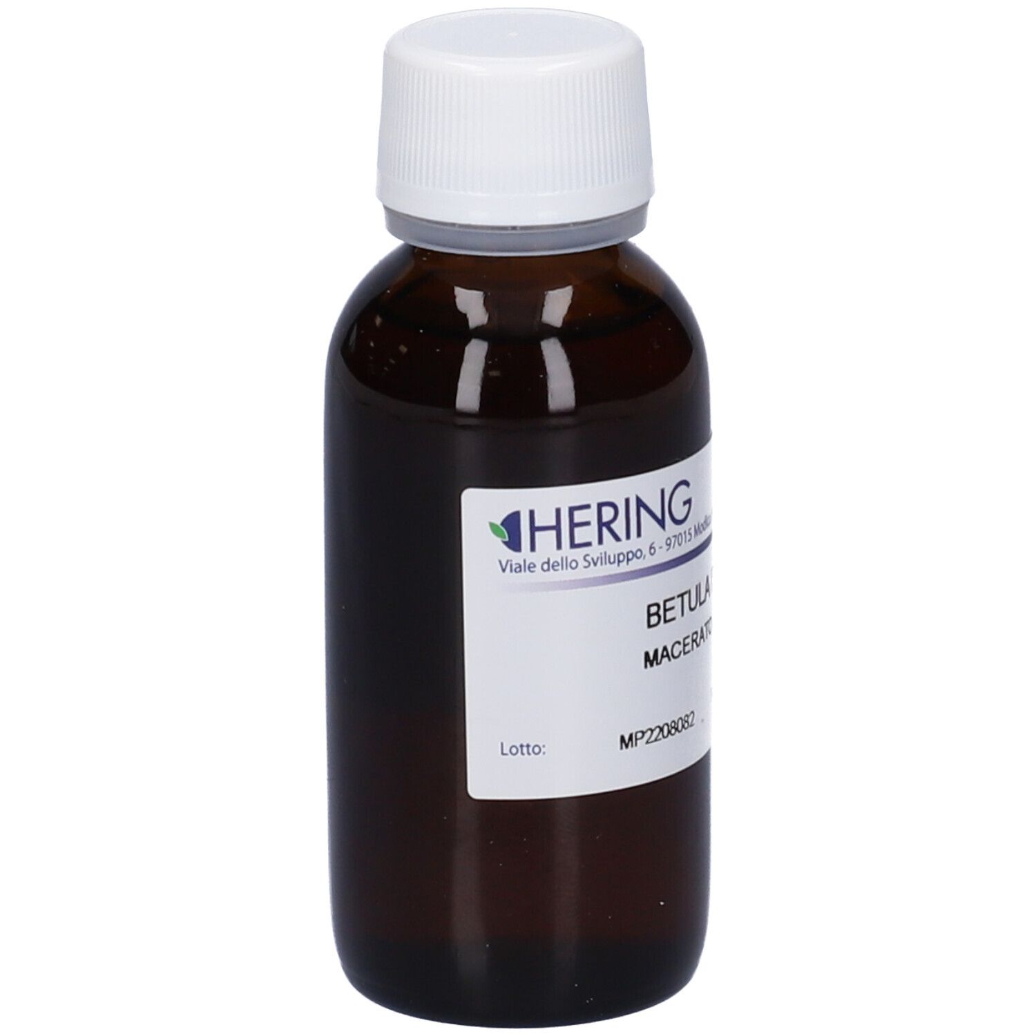 Flacone di vetro marrone con tappo bianco ed etichetta. Marchio Hering. Scritta: Betula Pubescens, Macerato Glicerico. Bottiglia in piedi.