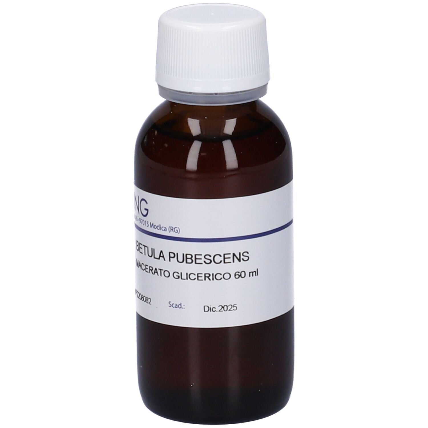 Flacone di vetro marrone con tappo bianco ed etichetta. Scritta: Betula Pubescens, Macerato Glicerico 60 ml. Marchio Hering.