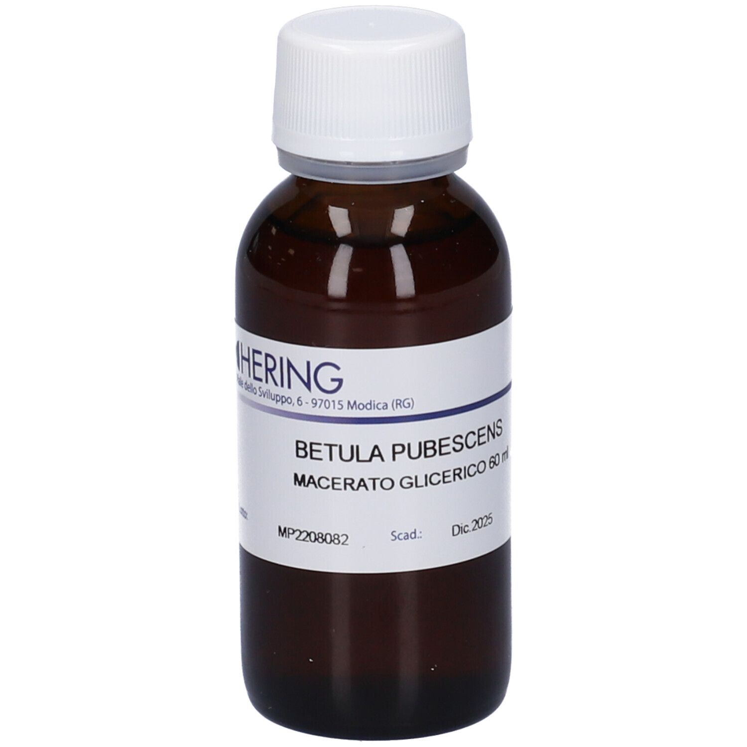 Flacone di vetro marrone con tappo bianco ed etichetta. Scritta: Betula Pubescens, Macerato Glicerico 60 ml. Marchio Hering.