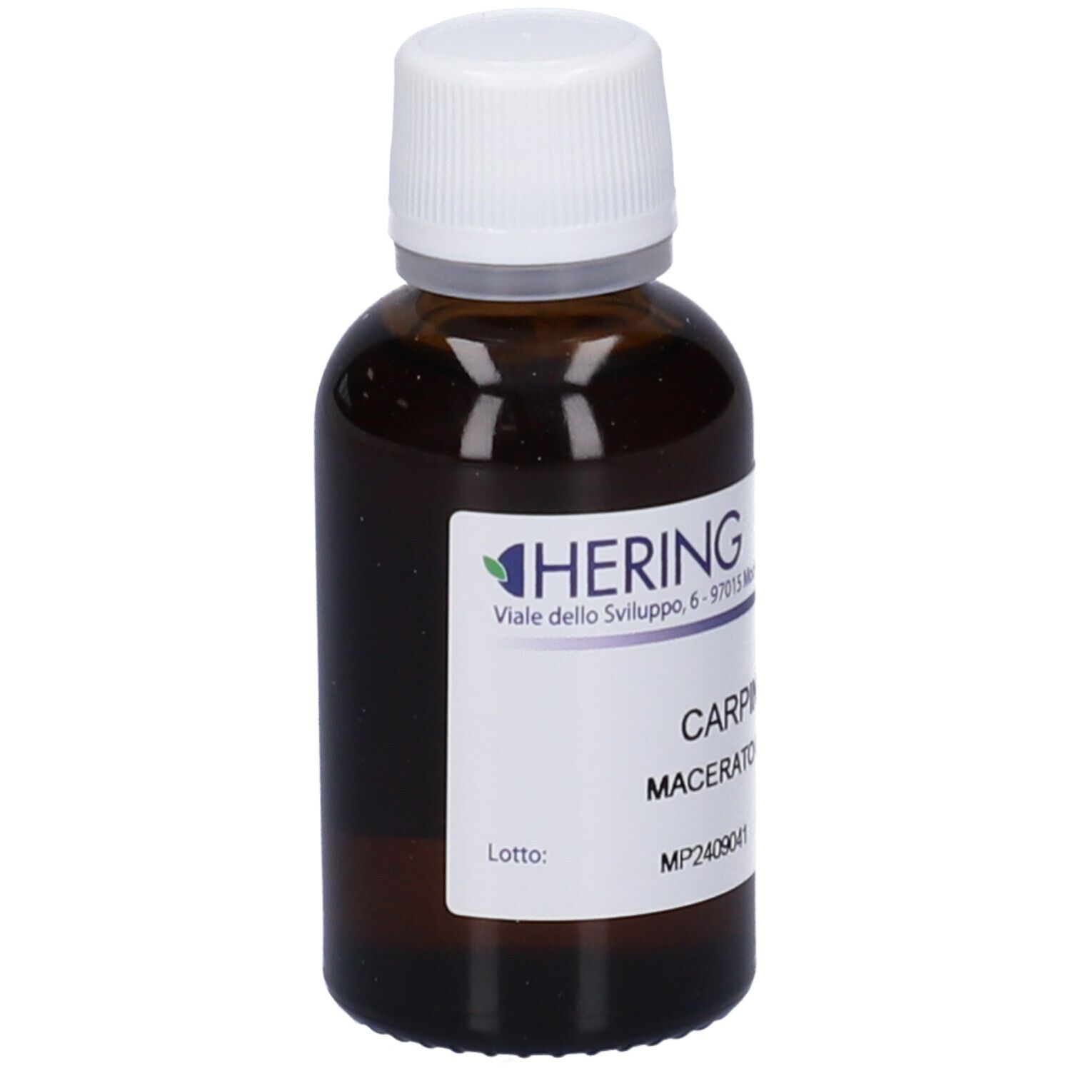 Flacone di vetro marrone con tappo bianco ed etichetta. Scritta: HERING, CARPINUS BET. Macerato Glicerico.
