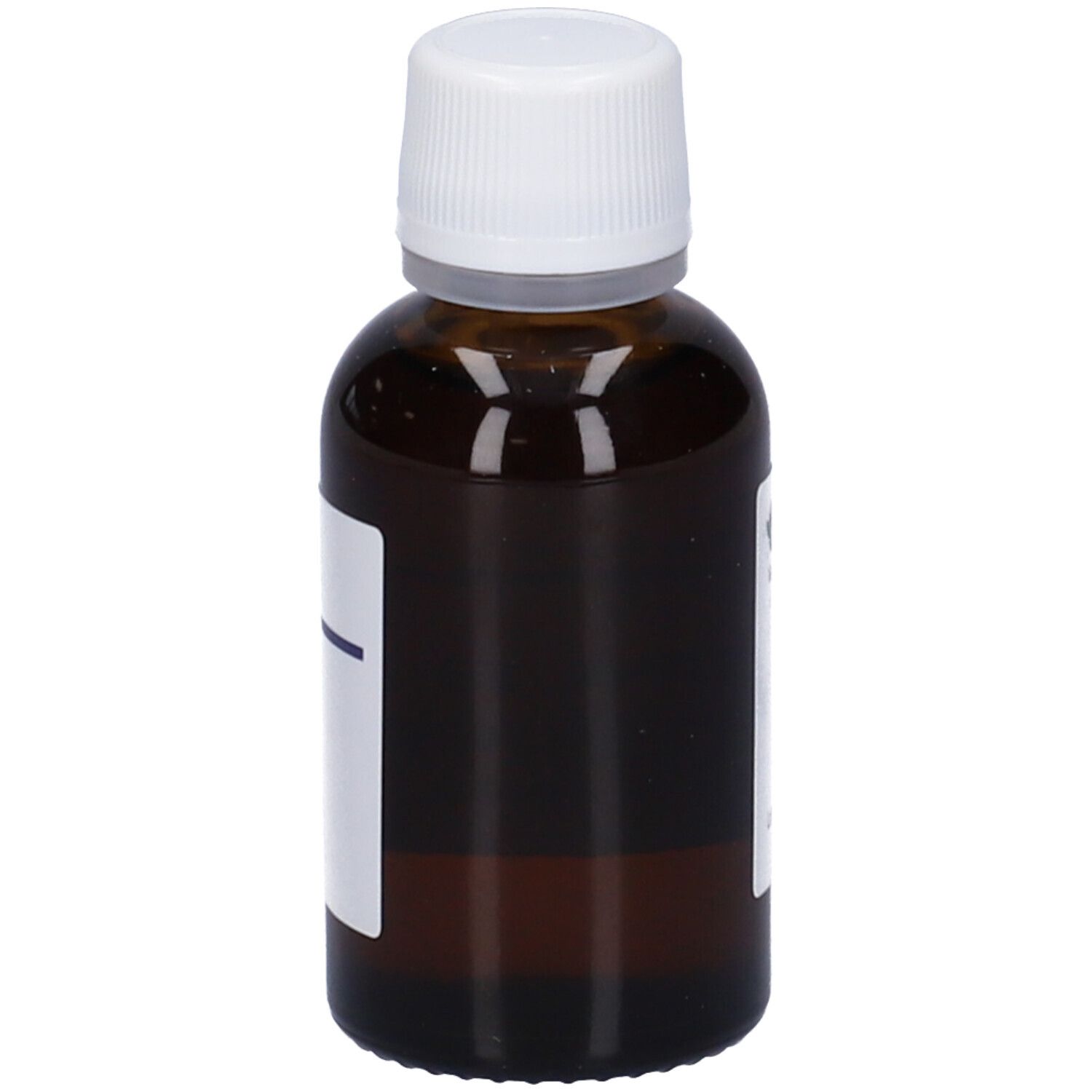 Flacone di vetro marrone con tappo bianco ed etichetta. Etichetta con campo bianco e linea blu.