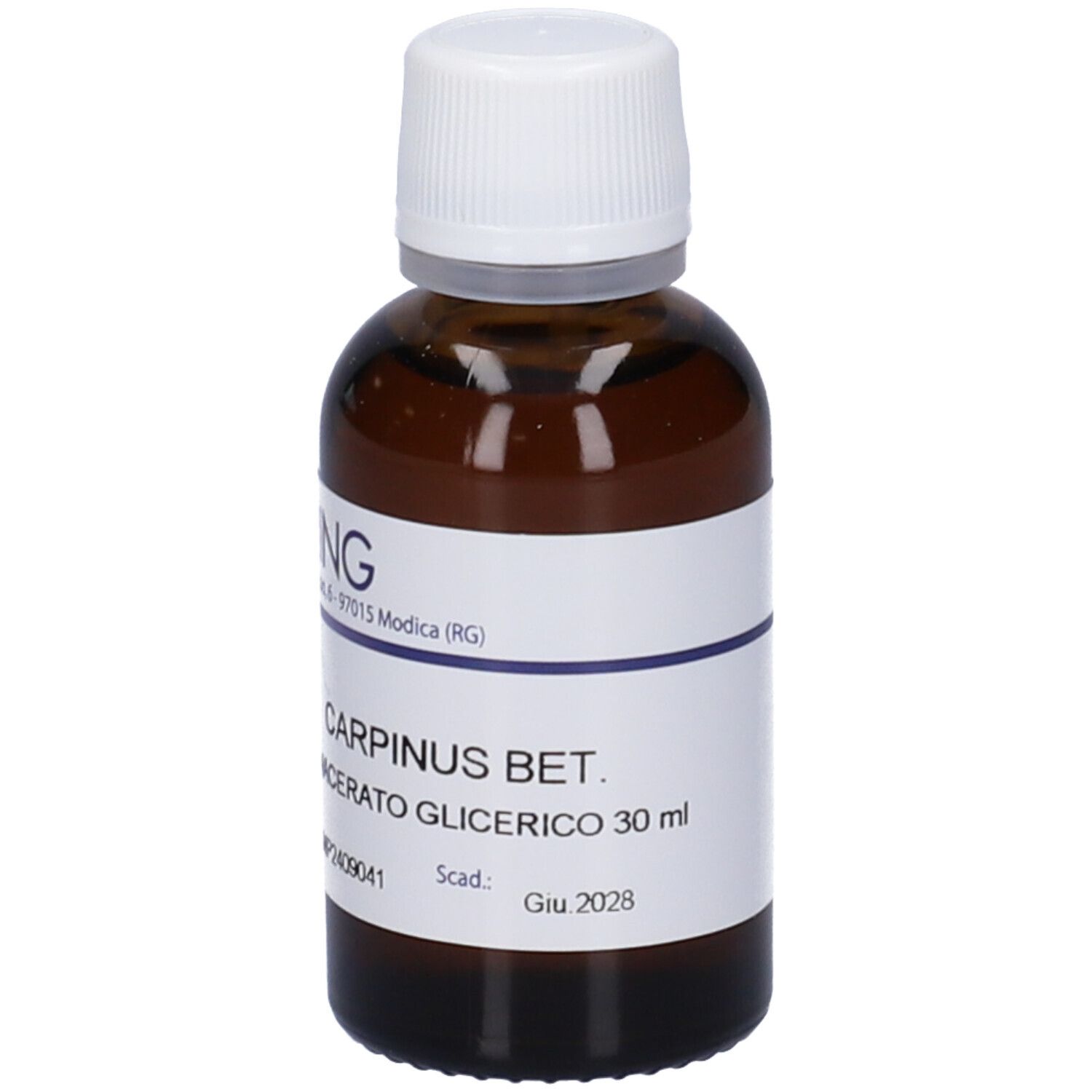 Flacone di vetro marrone con tappo bianco ed etichetta. Scritta: CARPINUS BET. Macerato Glicerico 30 ml.
