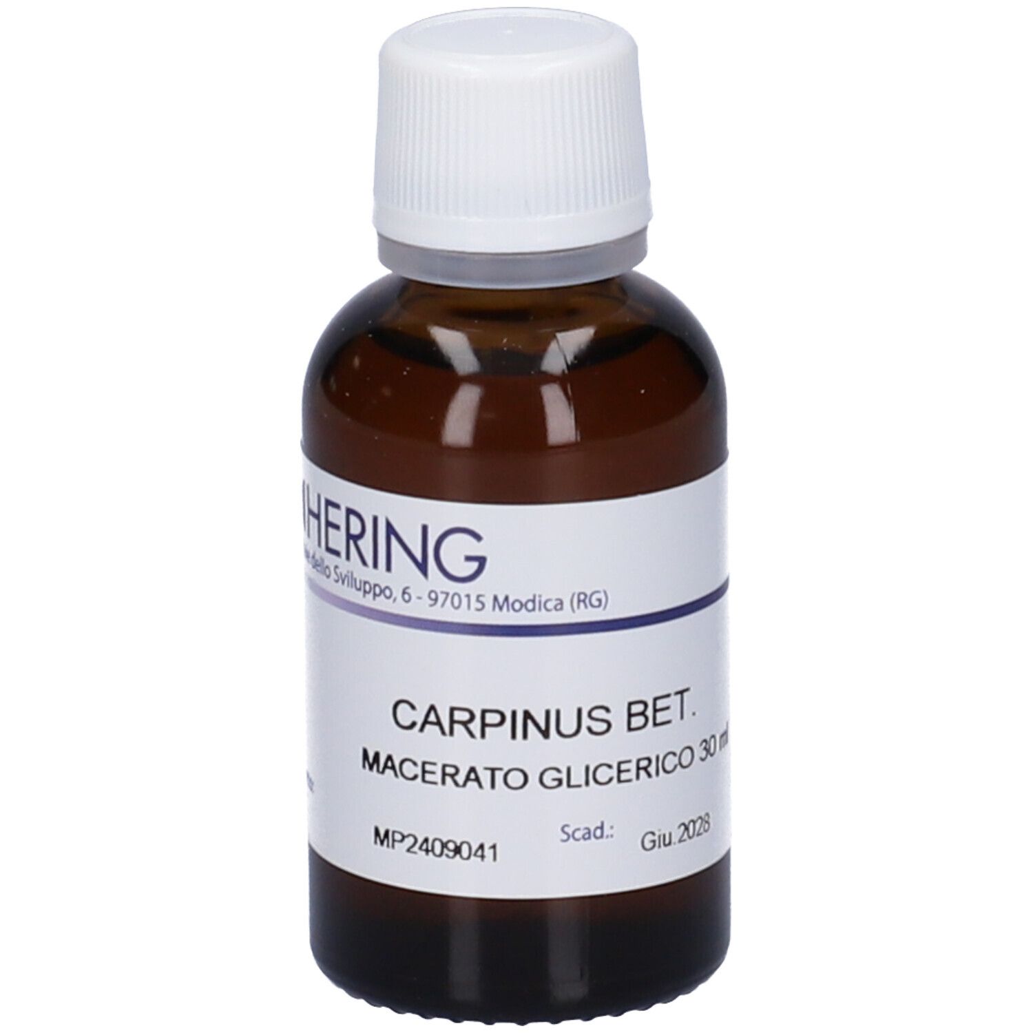 Flacone di vetro marrone con tappo bianco ed etichetta. Scritta: CARPINUS BET. Macerato Glicerico 30 ml.