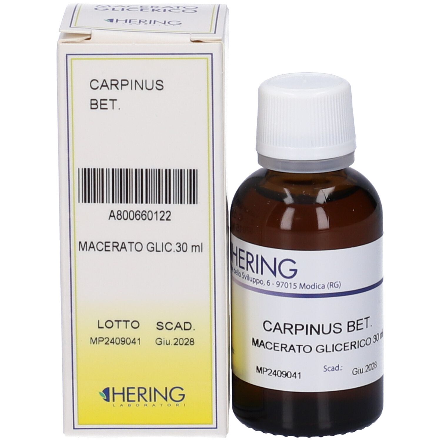 Flacone e scatola. Scritta: CARPINUS BET. Macerato Glic. 30 ml. Logo HERING.