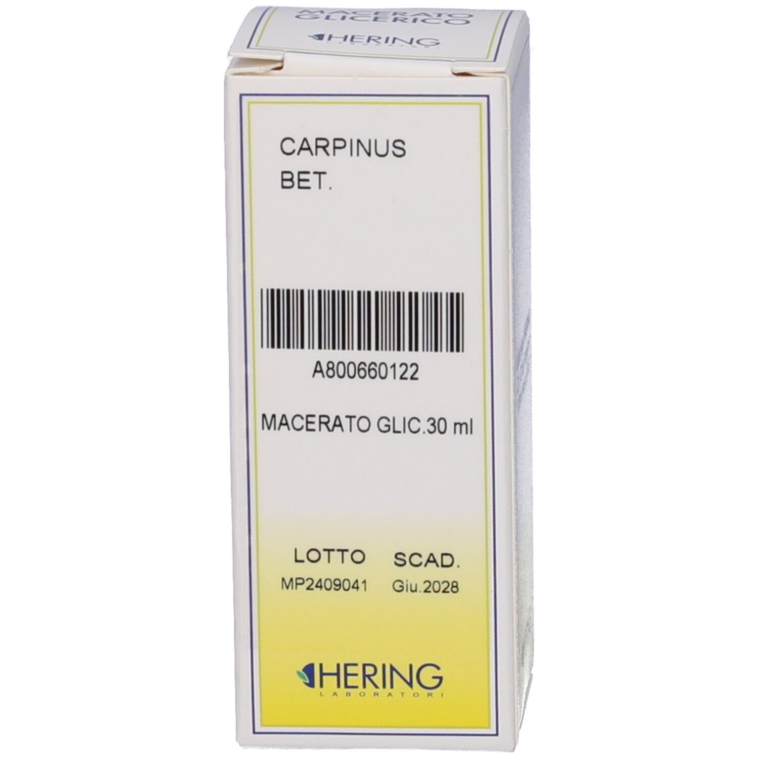 Scatola con scritta: CARPINUS BET. Macerato Glic. 30 ml. Logo HERING.