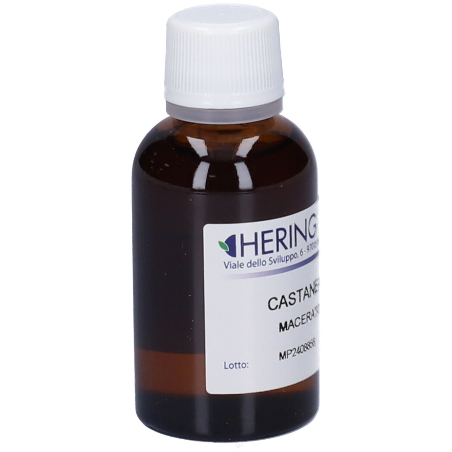 Flacone di vetro marrone con tappo bianco ed etichetta. Scritta: Hering, Castanea Vesca 1DH MG, Macerato Glicerico.