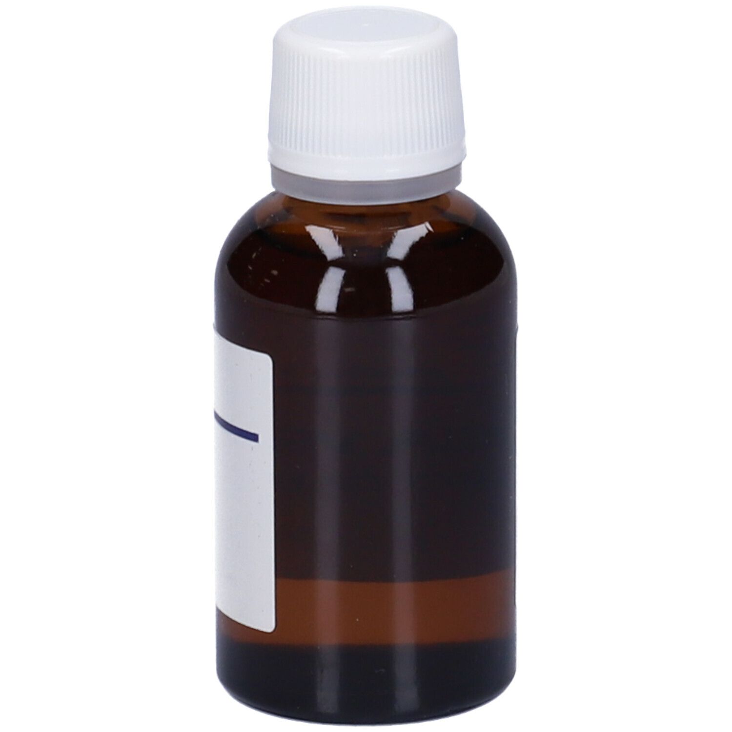 Flacone di vetro marrone con tappo bianco ed etichetta. Parzialmente etichettato.