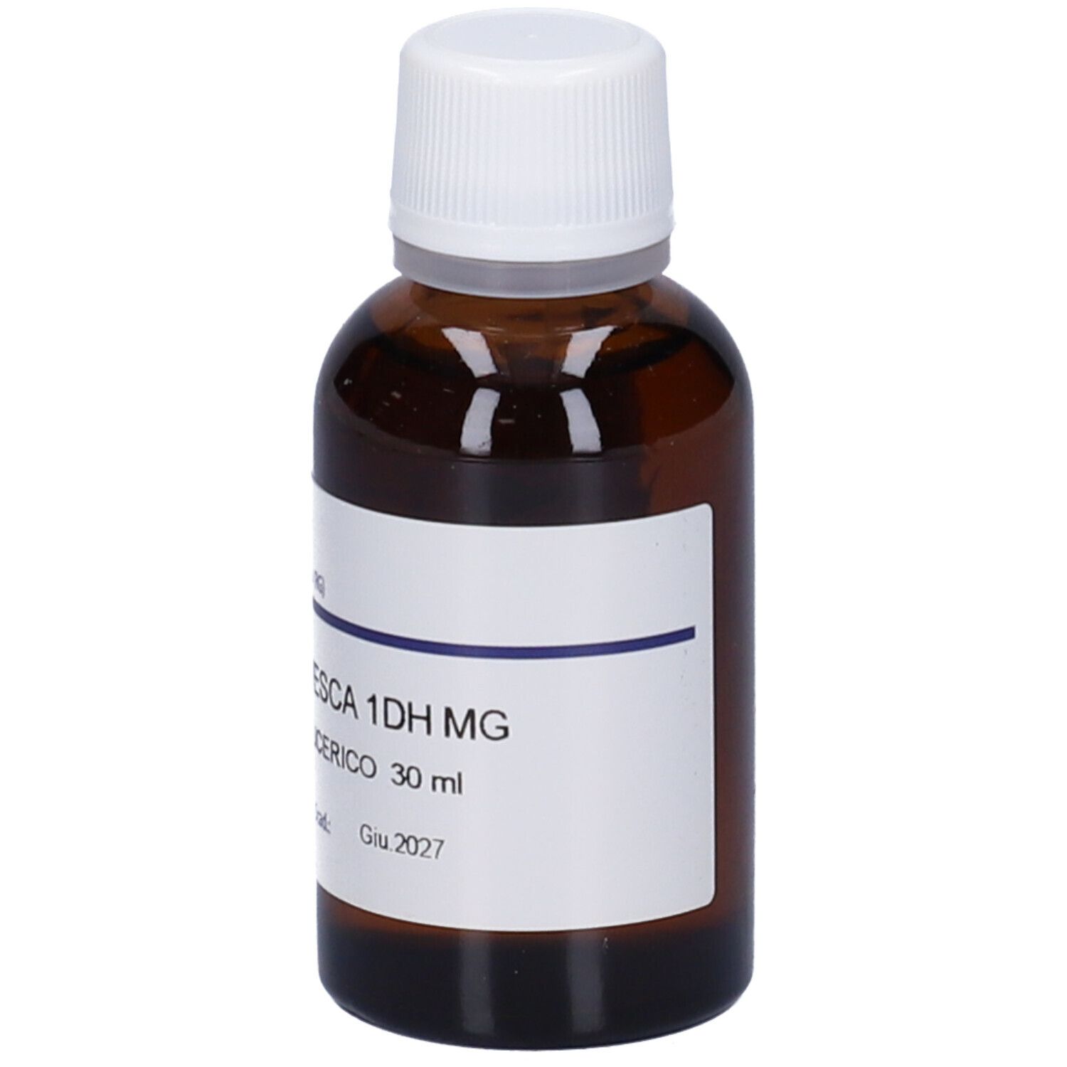 Flacone di vetro marrone con tappo bianco ed etichetta. Scritta: Castanea Vesca 1DH MG, Macerato Glicerico.