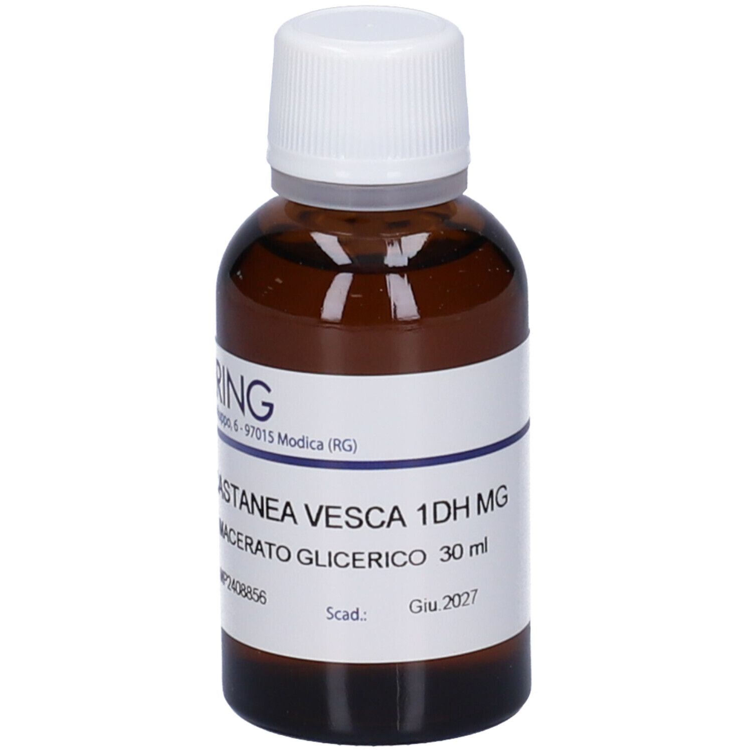 Flacone di vetro marrone con tappo bianco ed etichetta. Scritta: Castanea Vesca 1DH MG, Macerato Glicerico.