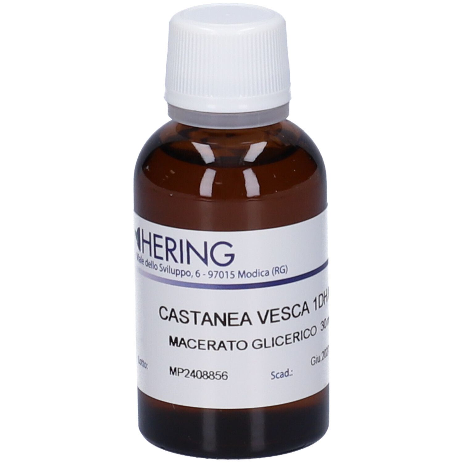 Flacone di vetro marrone con tappo bianco ed etichetta. Scritta: Castanea Vesca 1DH MG, Macerato Glicerico.
