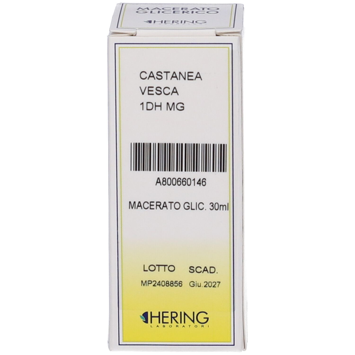 Confezione in cartone con scritta: Castanea Vesca 1DH MG, Macerato Glicerico. Hering.