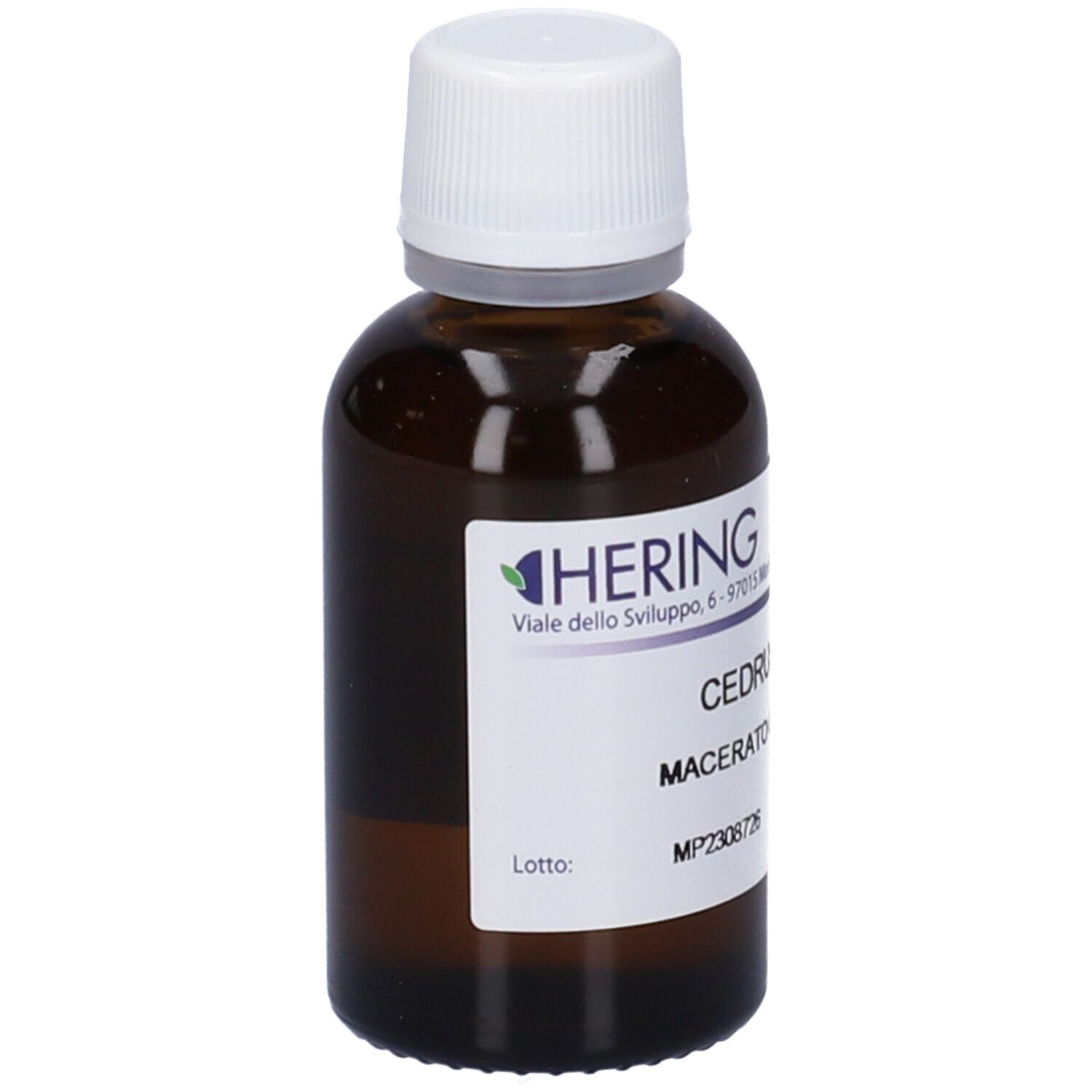 Flacone di vetro marrone con tappo bianco ed etichetta. L'etichetta riporta "CEDRUS LIBANI Macerato Glicerico".