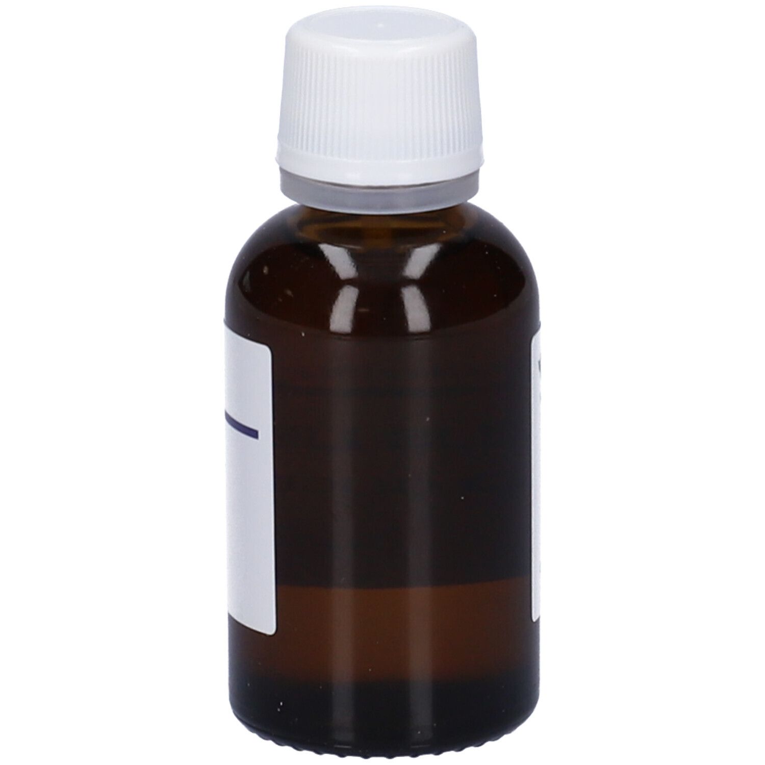 Flacone di vetro marrone con tappo bianco ed etichetta vuota.
